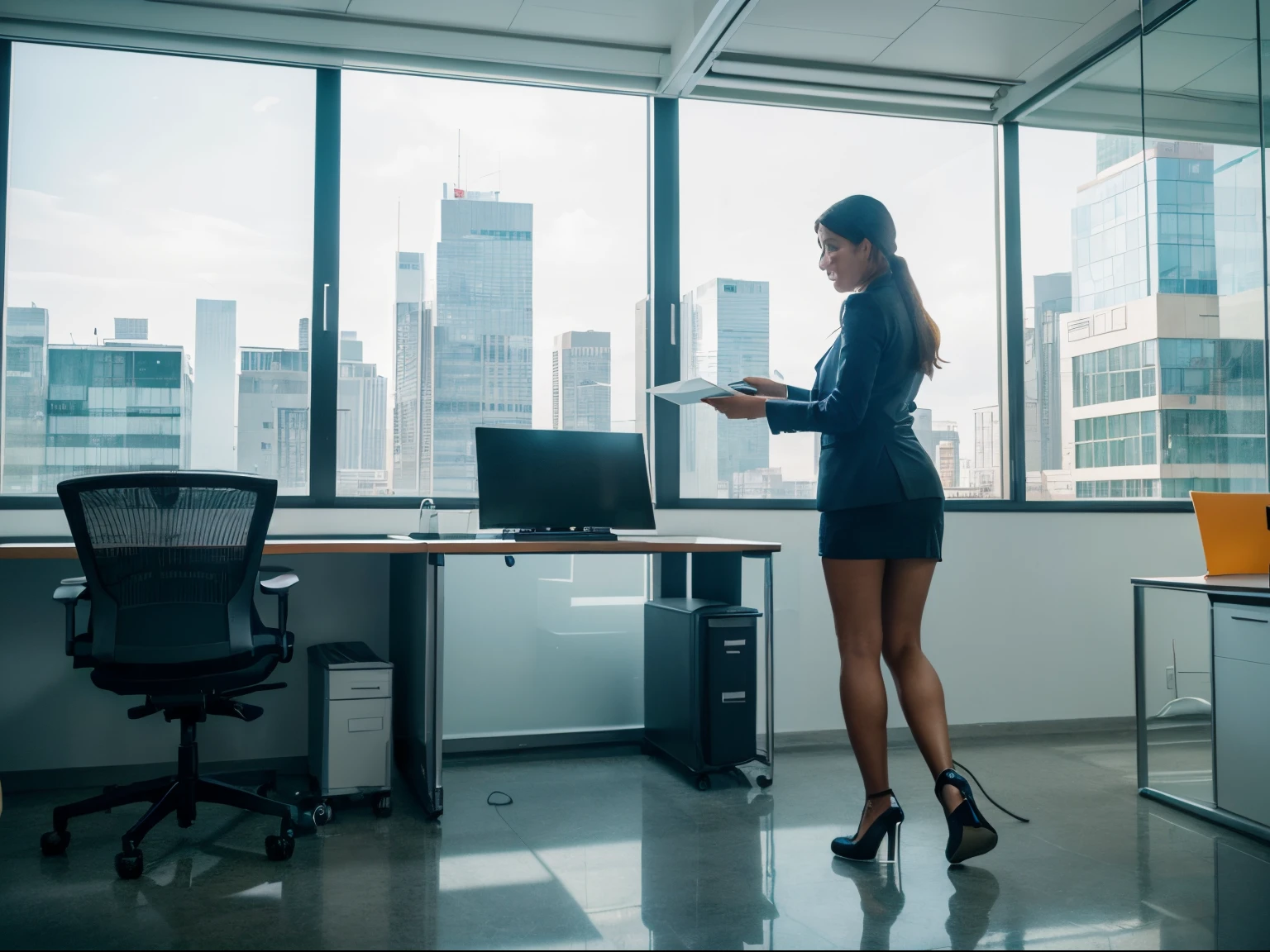 cinematic film still of 360 view photo of a lewd lady with long messy hair, wearing glasses and tight skirt with pantyhose, nose blush, half-closed eyes, open mouth, spreading legs, sitting in office room, front view, solo, sfw shallow depth of field, vignette, highly detailed, high budget, bokeh, cinemascope, moody, epic, gorgeous, film grain, grainy