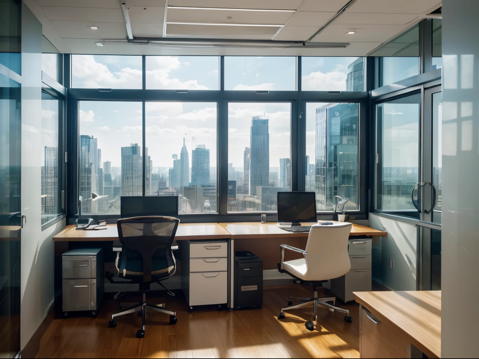 (best quality,4k,8k,highres,masterpiece:1.2),ultra-detailed,(realistic,photorealistic,photo-realistic:1.37),colorful lighting,office setting,professional attire,confident expressions,handshake,working together,business collaboration,successful partnership,engaged conversation,modern office decor,business documents,desk with computers,bookshelves filled with files and books,large windows with city view,corporate environment,two male professionals,multiple monitors,contemporary furniture,neat and organized workspace,friendly and positive atmosphere,progressive workplace,positive interaction,desk lamp casting warm light,floor-to-ceiling glass walls,high-rise building backdrop,cityscape in the background,blue and white color palette,crisp and clean lines,sharp focus,sharp suits,market analysis charts,laptop computers,whiteboards for brainstorming,sleek architecture,modern technology,upbeat and cheerful ambiance,creative and productive workspace,innovative business ideas,teamwork and cooperation.