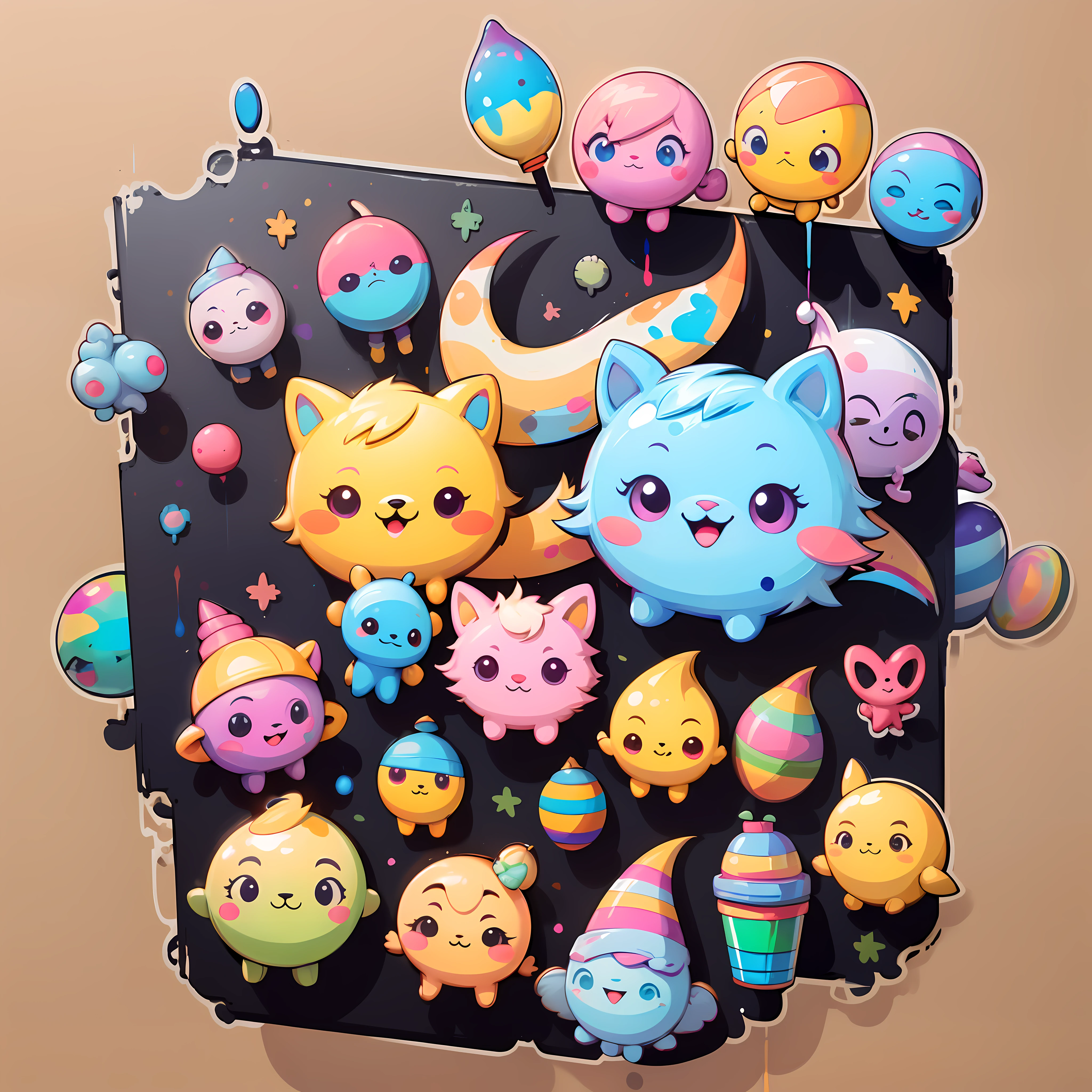 One sticker, 20 cute girls, simple backgound, multicolored background, nothing background, looking-down, looking-down、paint drips、masterpiece