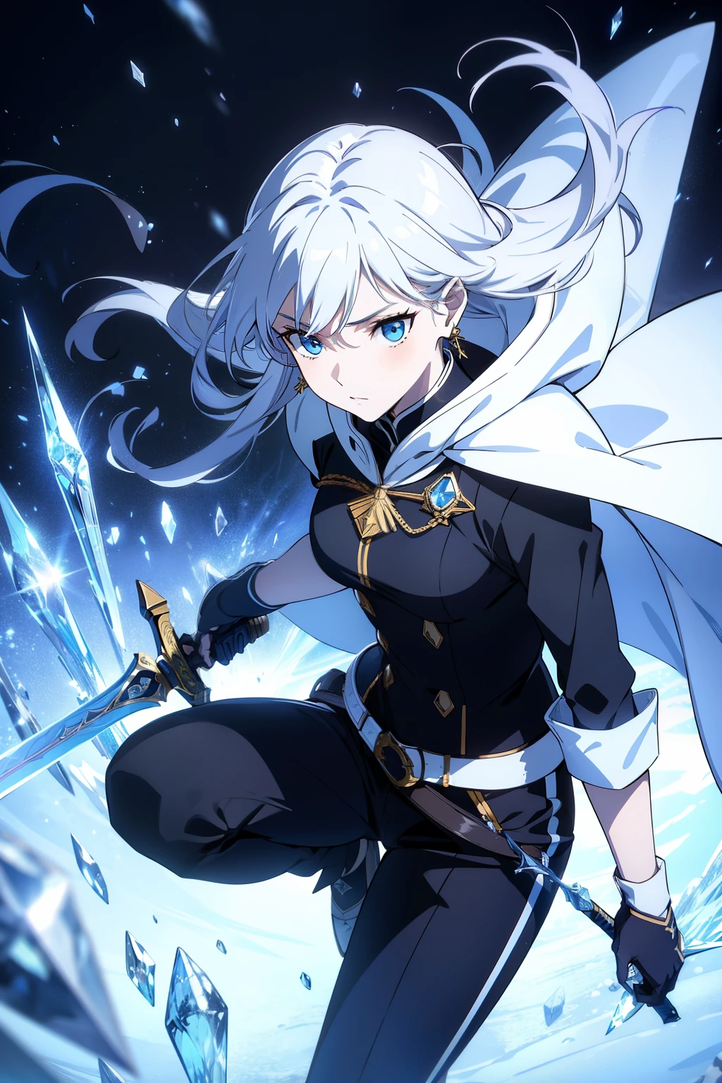 (best quality, high resolution), ultra-detailed, woman, young, 19 years old, swordsman, long white hair, snow-white skin, cold eyes, crystal blue eyes, black uniform with black pants, black clothing, white cape with hood. Crystal loga sword, shiny, (ultra-detailed sword, high resolution, best quality). Earring, crystal bottom.