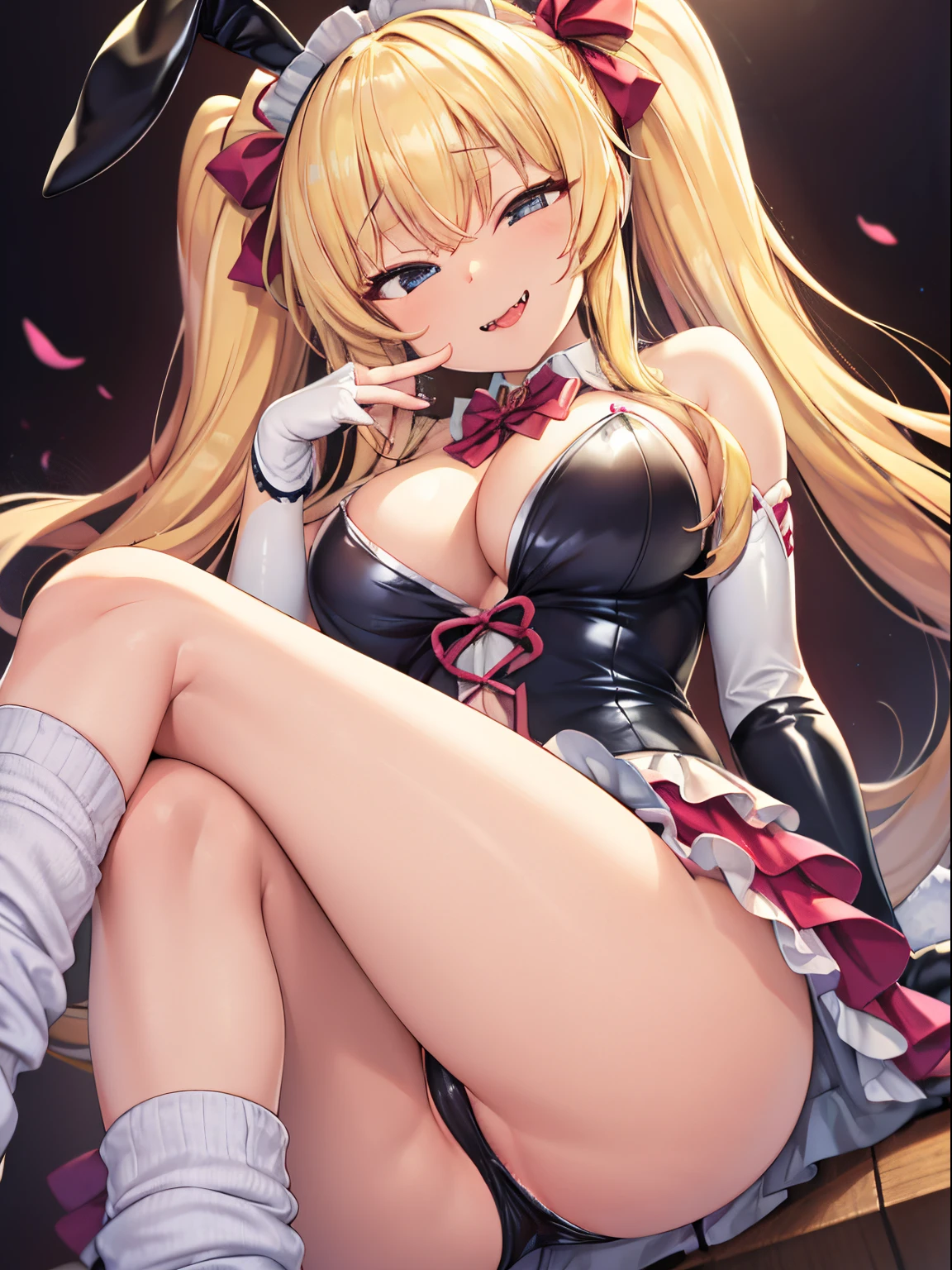 (Front Focus),(simple background:1.1), (Masterpiece, of the highest quality, best, Official art, Beautiful and aesthetic:1.2), game cg, Highly detailed and realistic CG, Colorful, Masterpiece, Best Quality, jewel-like eyes, 1girl, solo, (blonde hair:1.5), shiny hair, very long straight hair, twintails, slender, skinny legs, magical girl, prity dress, party dress, black bunny suit, layered mini skirt, panty shot, pink pants, spiky boots, zettairyouiki, black eyes, empty eyes, bursting breasts, sagging breasts, cleavage, black elbow gloves, latex, smirk, smile, jig eyes, jitome, half-closed eyes, tsurime, from below, best quality eyes, sharp teeth, tsundere, leaning forward, hand on cheek, teasing, smug, open mouth, fangs, tongue out, (Sharp Focus:1.2), big ribbon, cute headdress, loose socks, shiny skin, bunny ears headband, from below,