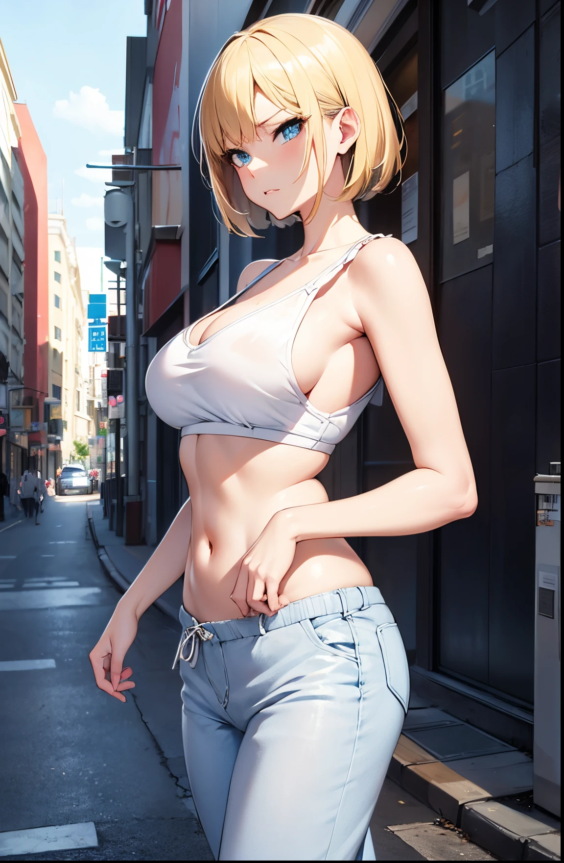 2D Anime Style、Blue eyes、Beautiful shining eyes, (Talented lo-fi:1.3),breasts are slightly larger、high and beautiful nose,Beautiful profile with a slender outline,A cool adult woman with short blonde hair and an angry expression.....................、looks to the side,Biting your lip,Fashion that shows off your stomach, he is wearing top and pants。。。。。。..,walking down the streets of america,