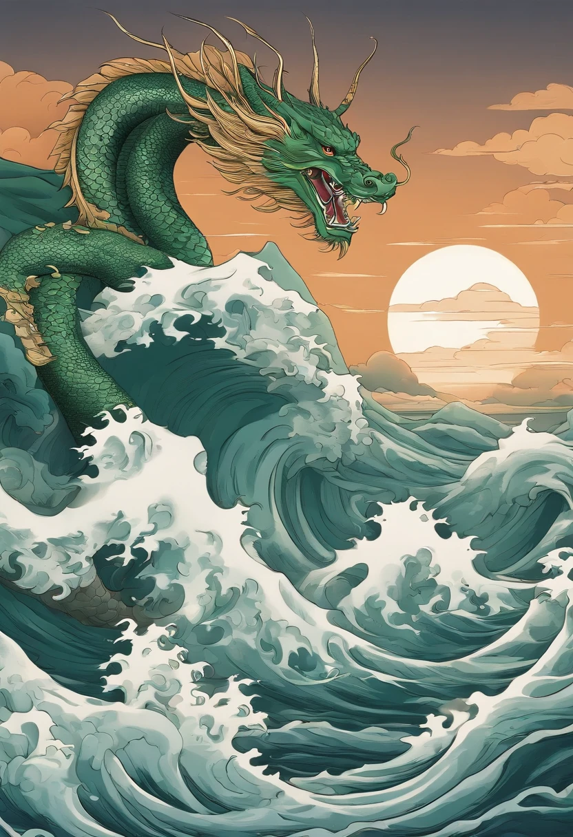 This ukiyo-e style poster design features a green ocean, Green Chinese dragon in ink painting, and dragon combination, As a water god, Dragon King, Living in the North Sea, Control thunderstorms at sea,Soaring in the sea of clouds,an ancient Chinese god, turtle, drank, bigger, Stony, Super sharp,Realistic details,Auspicious clouds, depth of fields, Divine Thunder, fantasy coloring, romanticism lain, artistic décor, 电影灯光, depth of fields, spark of light, god light, Ray traching, ultra-wide-angle, first person perspective, wide wide shot, hyper HD, high high quality, high detal, ctextured skin, Best quality at best
