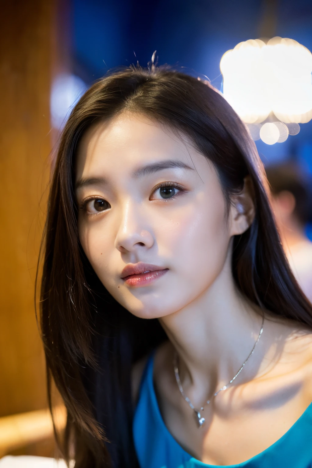 Best Quality, Masterpiece, The ultra-Highres,(Photorealistic:1.4), (Raw foto:1.2), at the restaurant, Detailed Eyes, (looking up at viewer:1.2), (blue one piece clothing), (beautifull face:1.2), femele, 28 years old, Bright Themes, cute necklace, South Korea, purity, Neat and neat, graceful, Luxurious, Natural