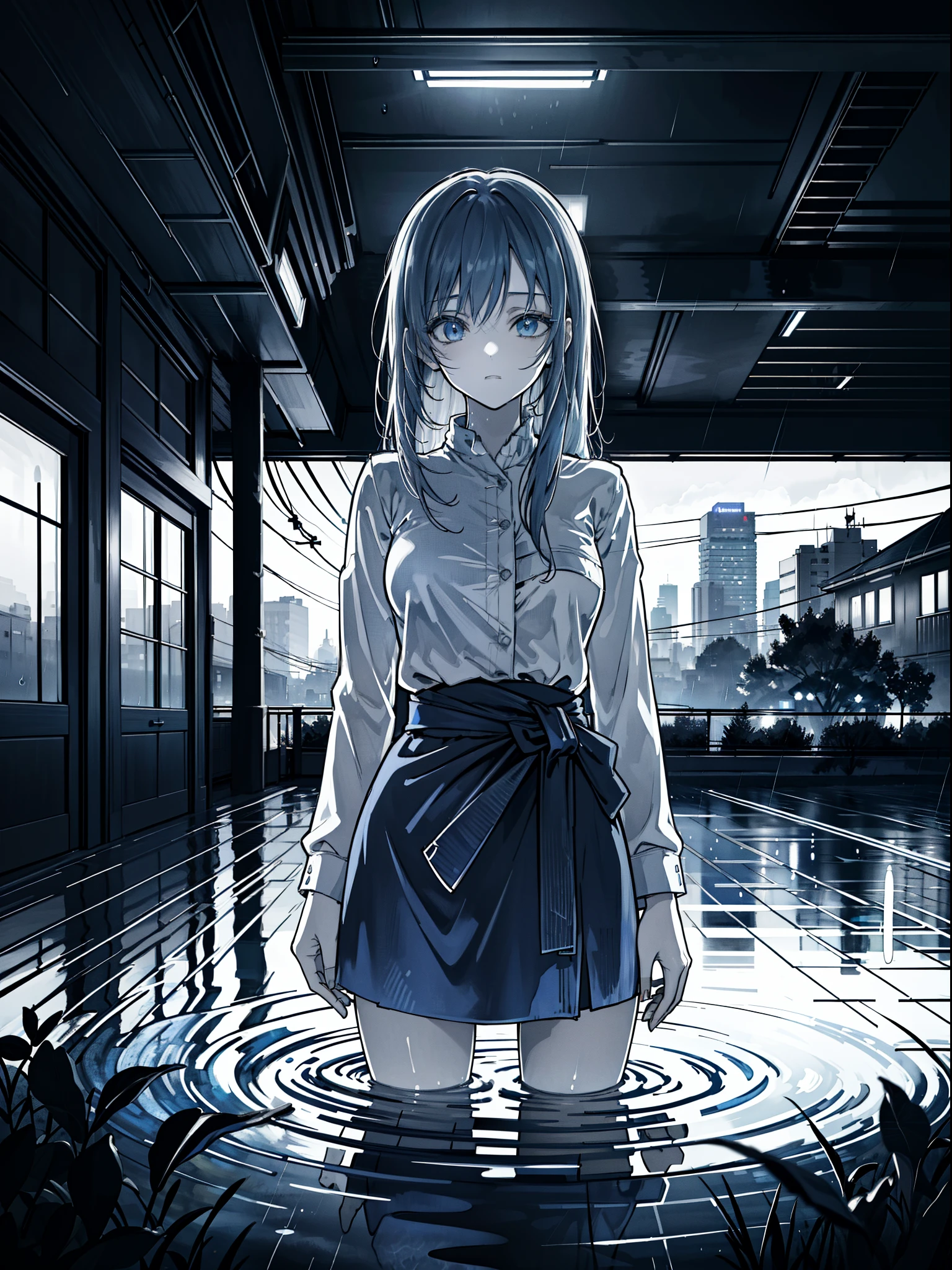 phblue, scenery, no humans, landscape, (masterpiece,best quality:1.4), blue theme, city, dusk, 1girl, rain,cowboy shot, close up, sink to her waist in the water
