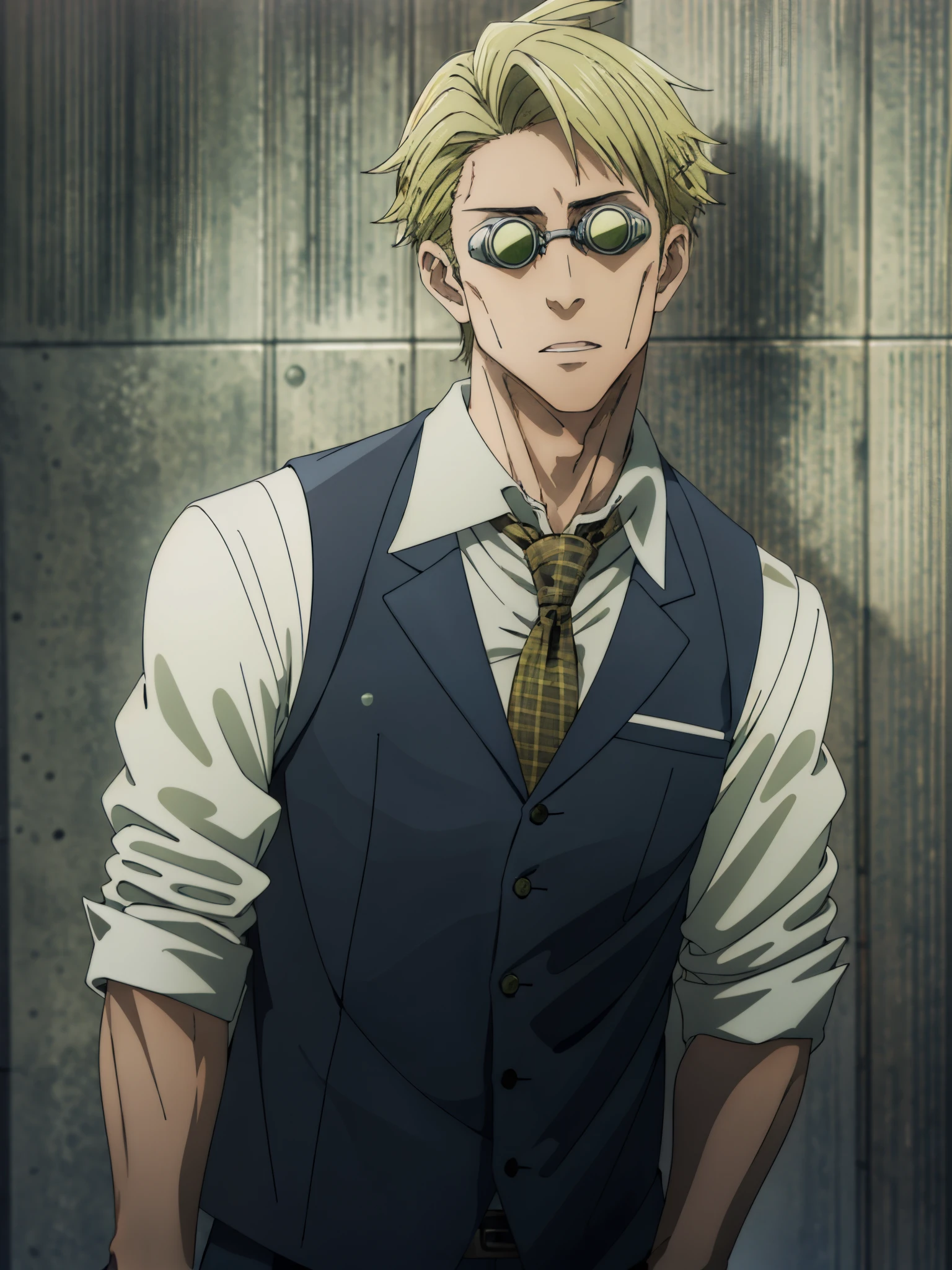 arafed man in a vest and tie posing for a picture, ((KentoNanami)),masterpiece,highres,high quality,extremely detailed,goggles,tinted eyewear,serious,formal,