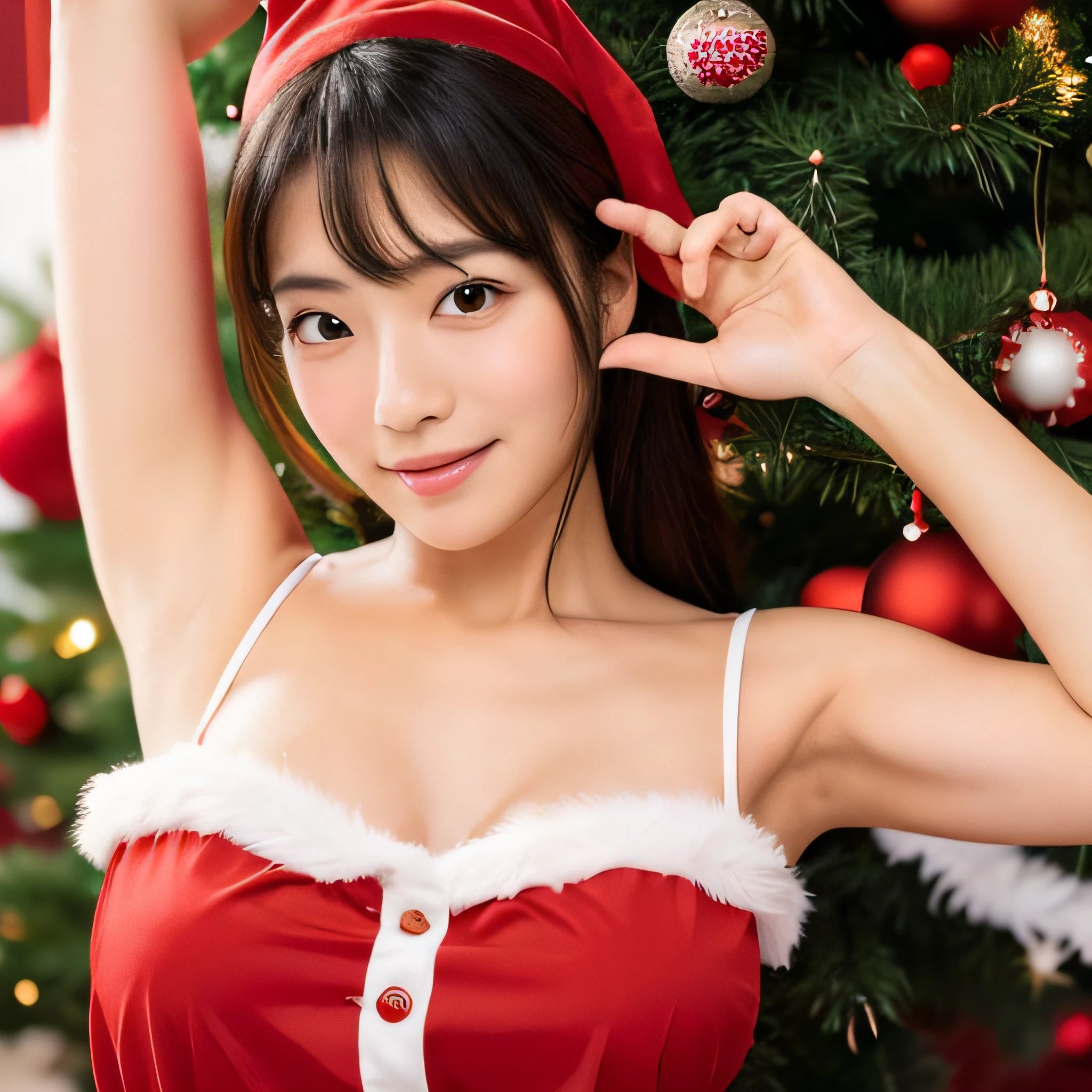 (masterpiece:1.2), (highest quality), high resolution, ((wearing red Santa-claus costume)), sleeveless, a beautiful Japanese idol 12 years old woman, (((Very small breasts))), ((Baby Face)), (((sweaty armpits))), Armpit depression, ((((Dimpled Armpits)))), ((((Deeply wrinkled armpits)))), Big Christmas tree on background, The background is the downtown area at night bustling with Christmas, Christmas Light Ball Bokeh