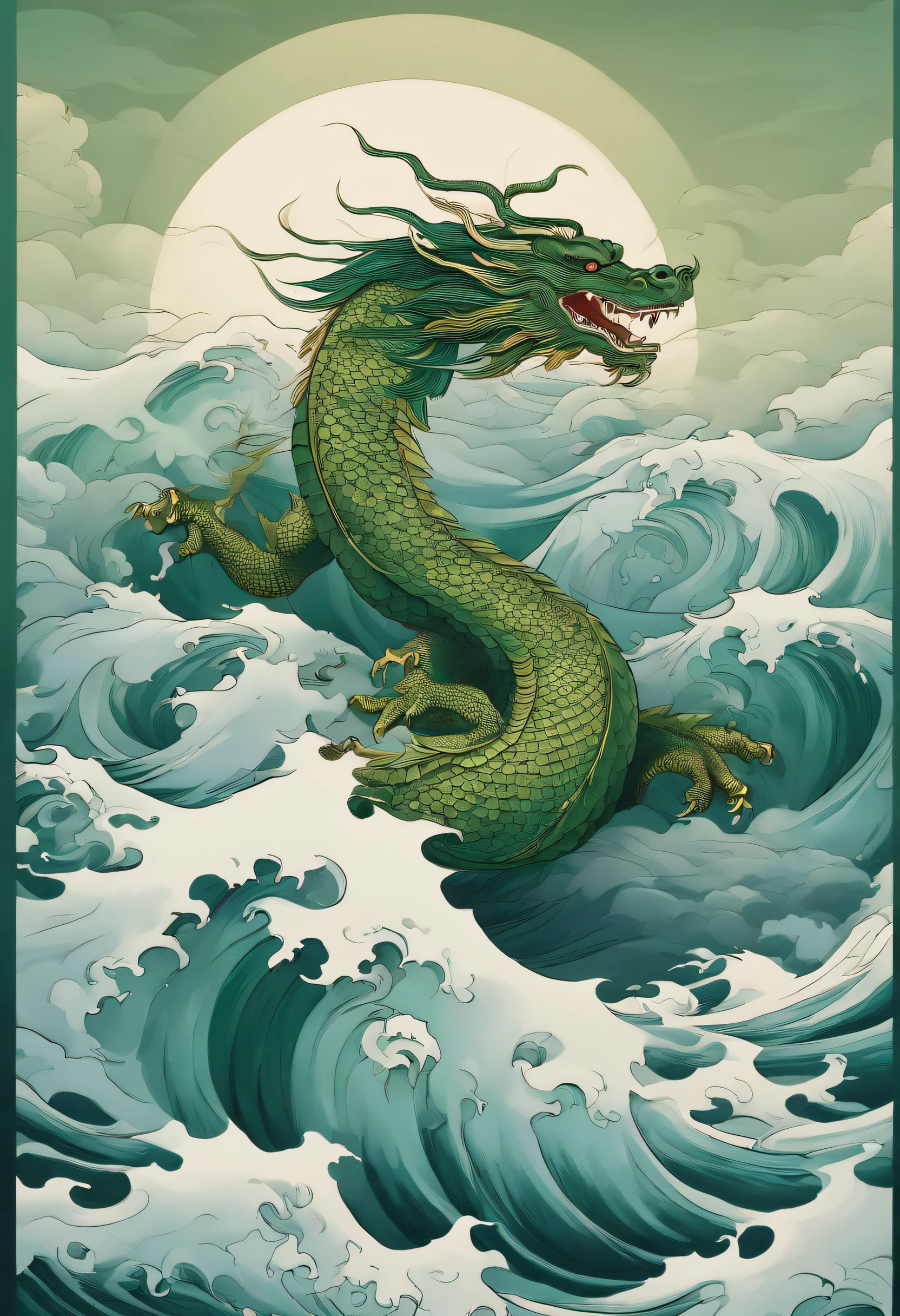 This ukiyo-e style poster design features a green ocean, Green Chinese dragon in ink painting, and a combination of dragons, As a water god, Dragon King, Living in the North Sea, Control thunderstorms at sea,Soaring in the sea of clouds,an ancient Chinese god, turtle, drank, The large, Stony, Super sharp,Realistic details,Auspicious clouds, depth of fields, Divine Thunder, fantasy coloring, romanticism lain, artistic décor, 电影灯光, depth of fields, spark of light, god light, ray traycing, ultra-wide-angle, first person perspective, wide wide shot, hyper HD, high high quality, high detal, ctextured skin, Best quality