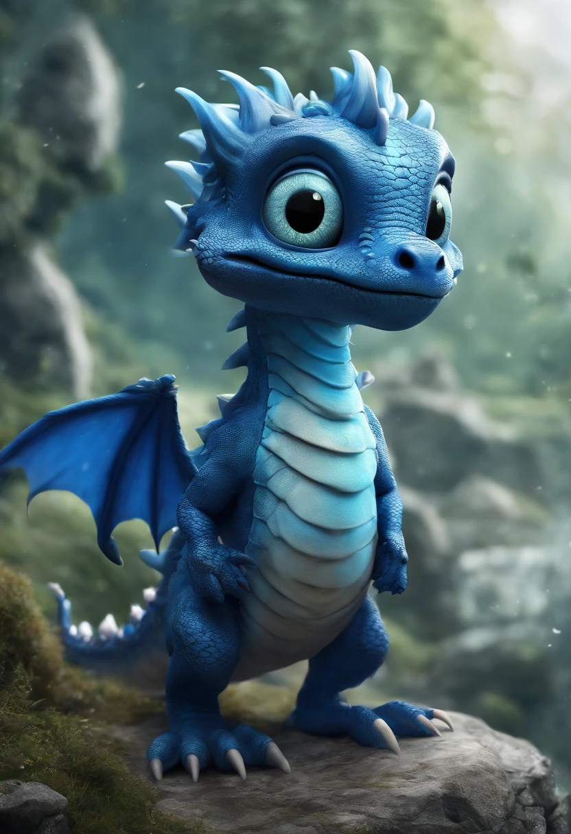 A cute little blue dragon with big eyes,Cartoon character cute little dragon, newly hatched dragon, lovely digital painting, adorable glowing creature, adorable creature, cute character, Cute 3d rendering, as an anthropomorphic dragon, But as an anthropomorphic dragon, Cute and detailed digital art, smooth chinese dragon, Delaron, blue dragon