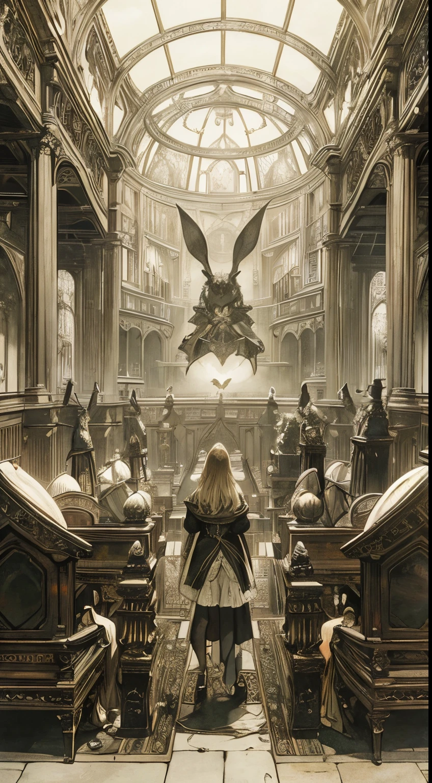 Arthur Rackham, Paul Nash, Surreal, mysterious, bizarre, fantastical, fantasy, Sci-fi, Japanese anime, oval court theater, baroque opera of blonde miniskirt beautiful girl Alice, perfect voluminous body, magician, rabbit, dragon, queen of hearts, bird's eye view, three-dimensional composition, detailed masterpiece