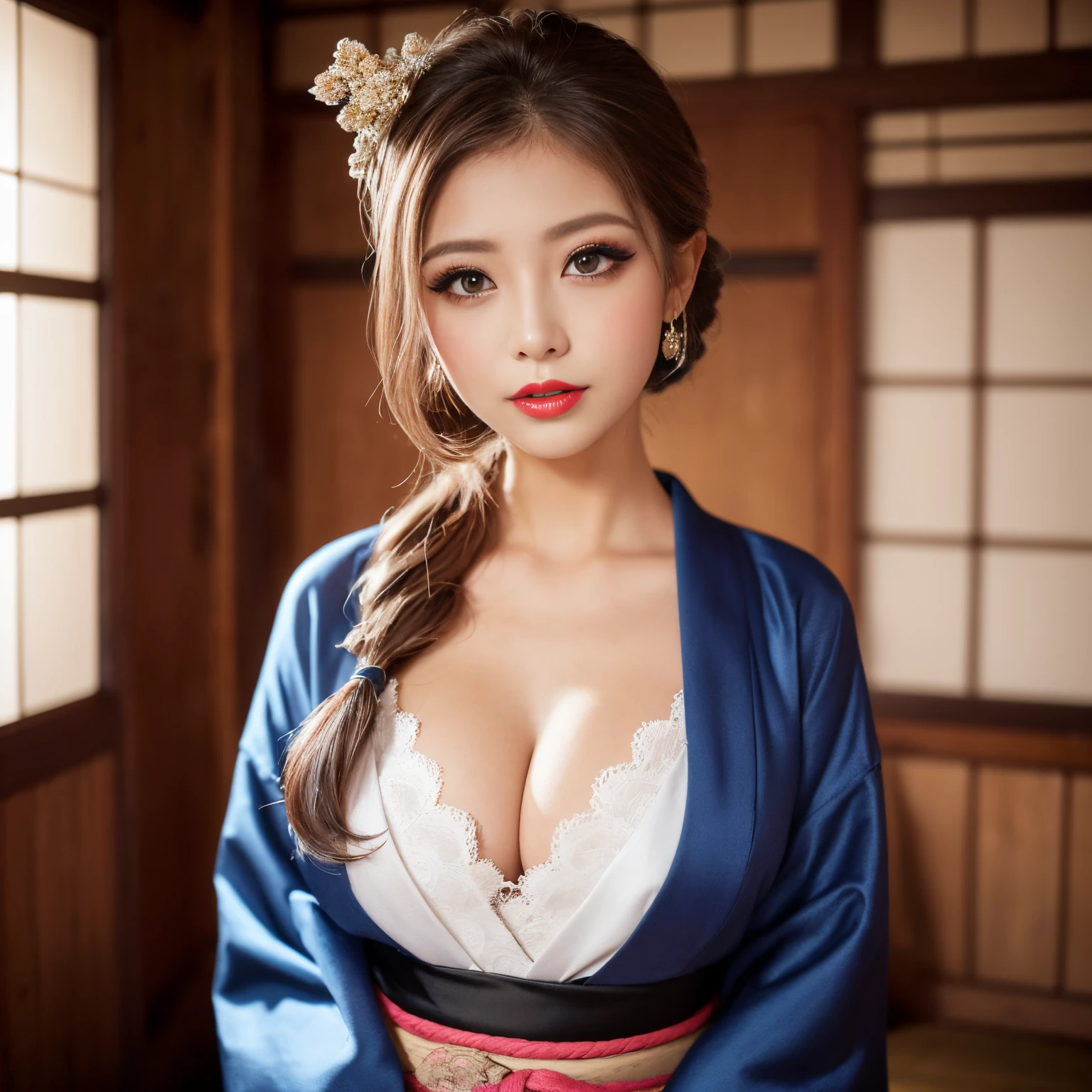 ((top-quality、masutepiece、8K、Top image quality、Hyper-Realism、SFW))、(1 photo:1.5)、1 female、(The most gorgeous and luxurious oiran furisode:1.2)、cleavage of the breast、(Old Japanese room in an old folk house:1.2)、Old house in Japan、View me、(excited expressions:1.2)、(Photo from the waist up:1.2)、perfect anatomia、Chignon、Bright lighting、Brown hair、lipsticks、Perfect makeup、long eyelashes、Color Contacts