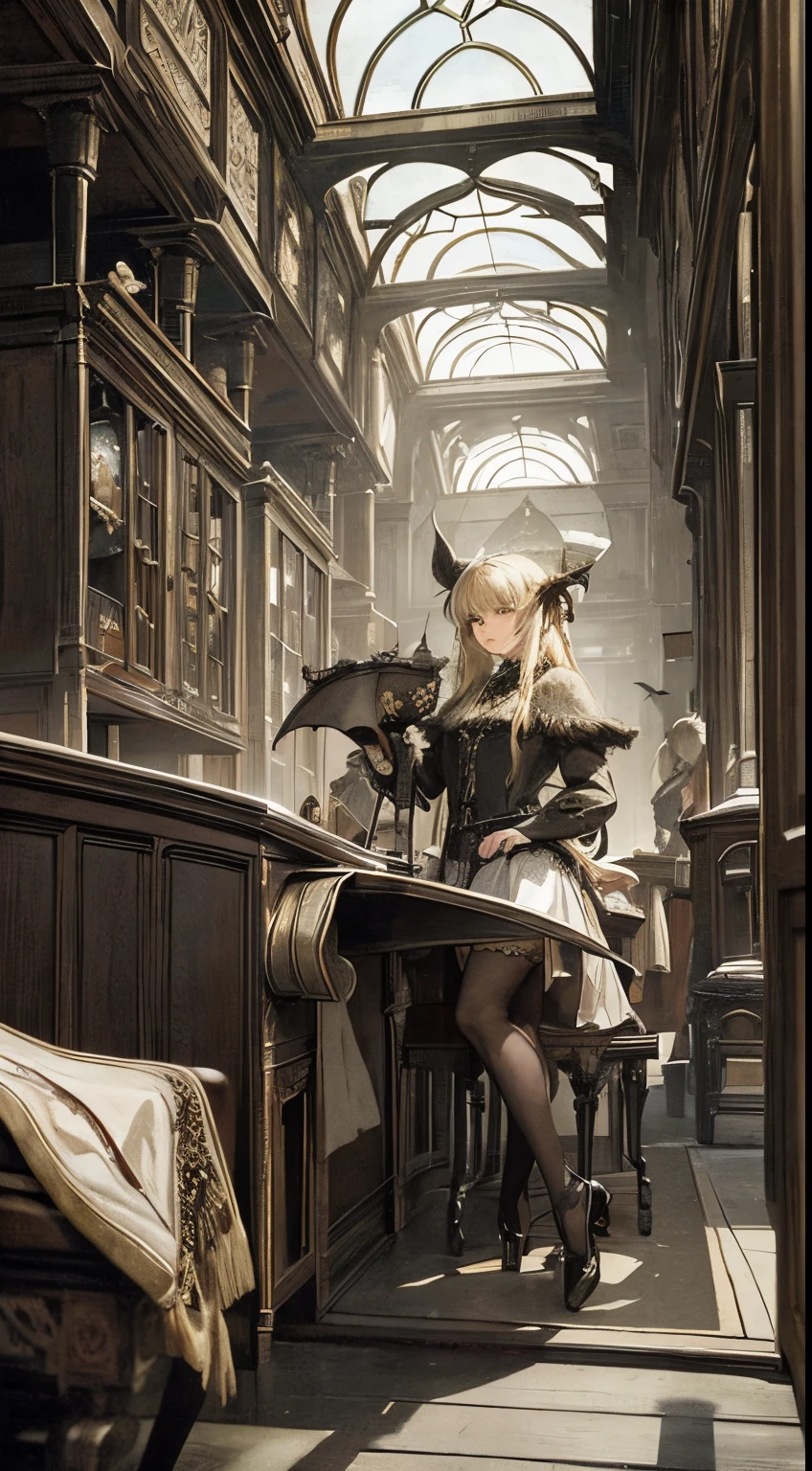 Arthur Rackham, Paul Nash, Surreal, mysterious, bizarre, fantastical, fantasy, Sci-fi, Japanese anime, oval court theater, baroque opera of blonde miniskirt beautiful girl Alice, perfect voluminous body, magician, rabbit, dragon, queen of hearts, bird's eye view, three-dimensional composition, detailed masterpiece