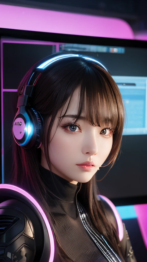 masterpiece, 1 beautiful girl, Detailed eye, Swollen eyes, top-quality, 超A high resolution, (reality: 1.4), 电影灯光, japanes, a asian beauty, very extremely beautiful, Beautiful skins, A slender, Forward-facing body, (A hyper-realistic), (hight resolution), (8K), (ighly detailed), ( Best Illustration), (beautifully detailed eyes), (ultra-detailliert), 详细的脸, Bright lighting, Professional Lighting、The background is a cyberpunk room with a large number of monitors..、The cord is connected from the costume、headset on head、small tattoo on face、Female Game Commentator