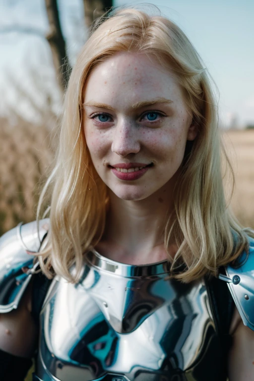 Ultra realistic photography of dbwl woman with many huge beauty marks on her natural pale white skin  ,    full body portrait   ,  SFW,  (((wearing chrome knight armor))), 

 ((fighting stance)),   natural (  pale light blonde eyelashes) , blue eyes, medieval background,
 detailed Natural pale white skin  with (many huge round beauty marks) , smile, light pale blonde eyebrows,
 in frame,  happy, clean cheeks,
detailed, natural light blonde,  outdoors, sunny, high resolution, photograph, RAW photo, chr0me4rmor, sexy