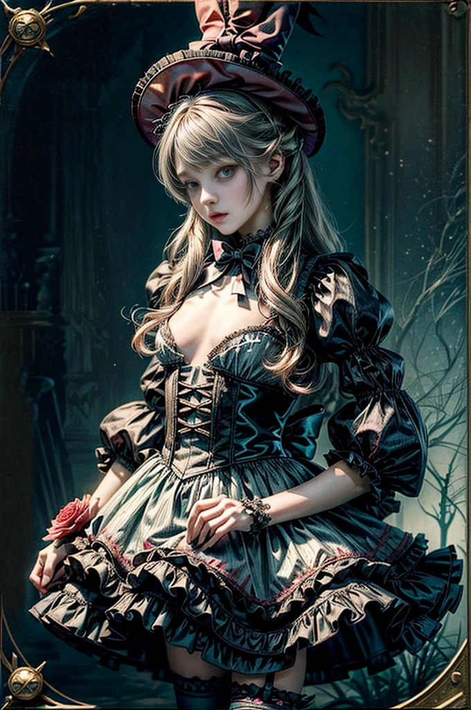 A woman wearing a top hat and holding a rabbit to her chest, A detailed eye、Red eyes、(((Smaller chest)))、cowboy shot、above knee、Vania Zuravlyov, floralpunk elysian maiden, (((Alice in Wonderland in Gothic ta Fashion))),Hajime Sorayama Aaron Hokey, Alice in Wonderland Cyberpunk, portrait of alice in wonderland, Jean-Sebastian Rosbach, baroque visual kei decora art, inspired by Tsukioka Yoshitoshi、(((No background))),