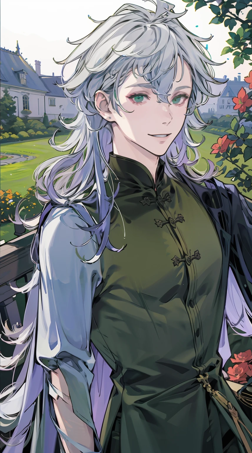 Gently smile ,8k, best quality, more details, masterpiece, 1boy, portrait, male focus, green  eyes, solo, looking at viewer, long  hair, in the flower garden,nail polish, gray  hair, luxurious, 8k, ray tracing, depth of field, cinematic lightin