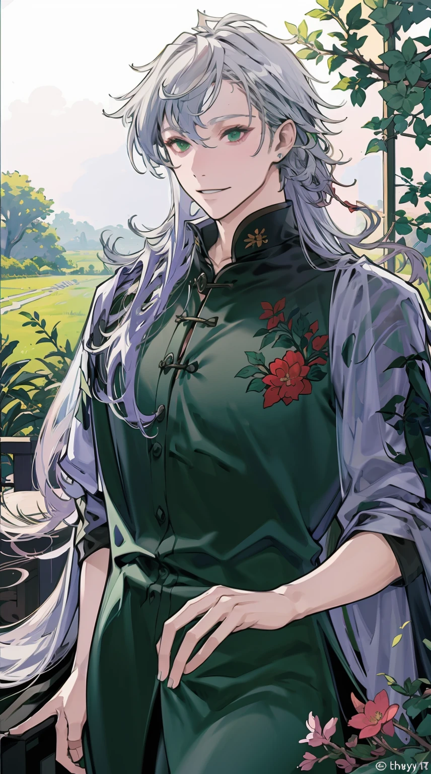 Gently smile ,8k, best quality, more details, masterpiece, 1boy, portrait, male focus, green  eyes, solo, looking at viewer, long  hair, in the flower garden,nail polish, gray  hair, luxurious, 8k, ray tracing, depth of field, cinematic lightin