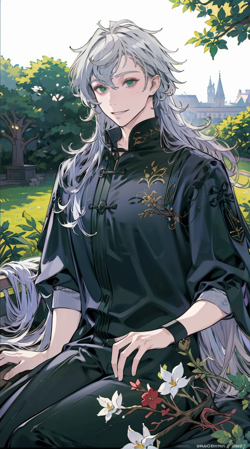 Gently smile ,8k, best quality, more details, masterpiece, 1boy, portrait, male focus, green  eyes, solo, looking at viewer, long  hair, in the flower garden,nail polish, gray  hair, luxurious, 8k, ray tracing, depth of field, cinematic lightin