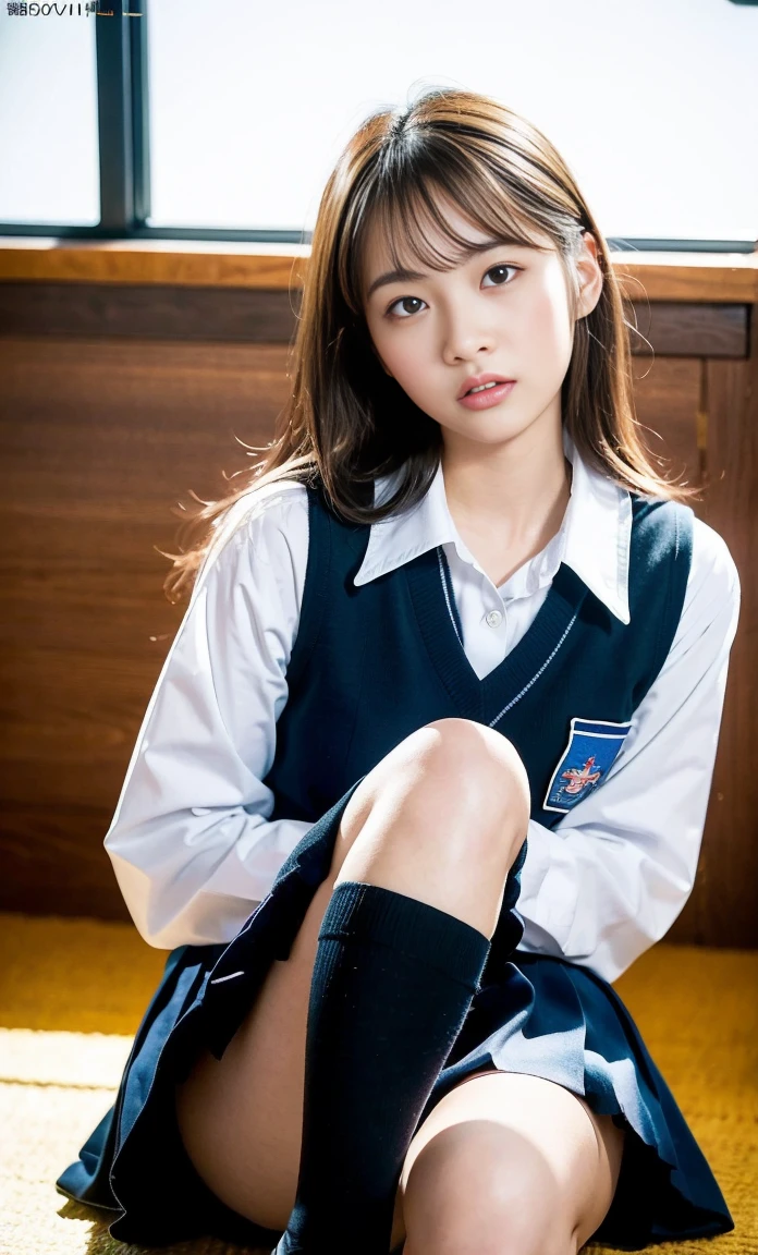 ulzzang -6500-v1.1, (Raw foto:1.2), (Photorealsitic:1.4), a beautiful detailed girl, a blond、short-cut、extremely detailed eye and face, beatiful detailed eyes, Ridiculous, unbelievable Ridiculous, huge filesize, ultra-detailliert, hight resolution, ighly detailed, top-quality, masterpiece, Kemomimi, ((Japanese girls' high school uniform)), illustratio, ighly detailed, nffsw, unification, 8k wallpaper, astonishing, finely detail, masterpiece, top-quality, Highly detailed ticker uniform 8K wallpaper, face lights、Cinematographic lighting、1girl in、、(witheout panties)、((dynamicposes)))、(camel's toe)、(half)、、(Crooked knees and legs sitting))