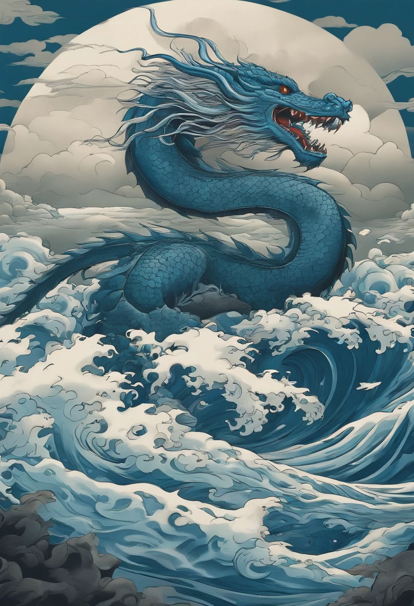 This ukiyo-e style poster design features a blue ocean, Blue Chinese dragon in ink painting, and a combination of dragons, As a water god, Dragon King, Living in the North Sea, Control thunderstorms at sea,Soaring in the sea of clouds,an ancient Chinese god, turtle, drank, The large, Stony, Super sharp,Realistic details,Auspicious clouds, depth of fields, Divine Thunder, fantasy coloring, romanticism lain, artistic décor, 电影灯光, depth of fields, spark of light, god light, ray traycing, ultra-wide-angle, first person perspective, wide wide shot, hyper HD, high high quality, high detal, ctextured skin, Best quality