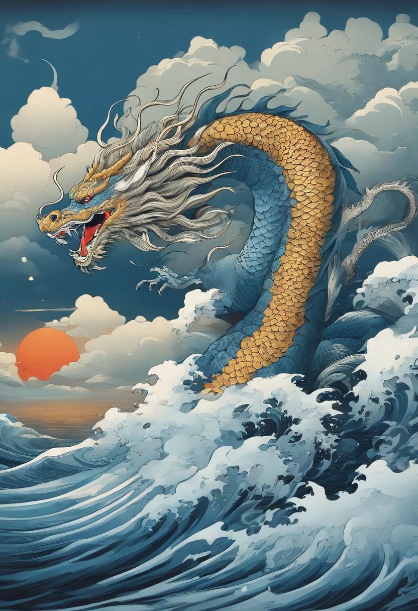 This ukiyo-e style poster design features a blue ocean, Blue Chinese dragon in ink painting, and a combination of dragons, As a water god, Dragon King, Living in the North Sea, Control thunderstorms at sea,Soaring in the sea of clouds,an ancient Chinese god, turtle, drank, The large, Stony, Super sharp,Realistic details,Auspicious clouds, depth of fields, Divine Thunder, fantasy coloring, romanticism lain, artistic décor, 电影灯光, depth of fields, spark of light, god light, ray traycing, ultra-wide-angle, first person perspective, wide wide shot, hyper HD, high high quality, high detal, ctextured skin, Best quality