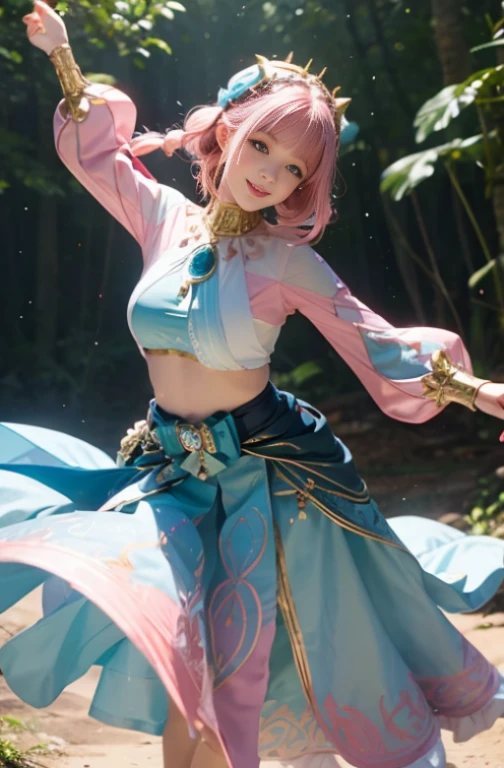 1 Girl solo, pink hair clothes, Super huge,Cyan eyes, Blue and white flowing clothes, golden accessories, dances, dance,Sunnyday, In the forest,iridescent light, The smile is bright,having fun