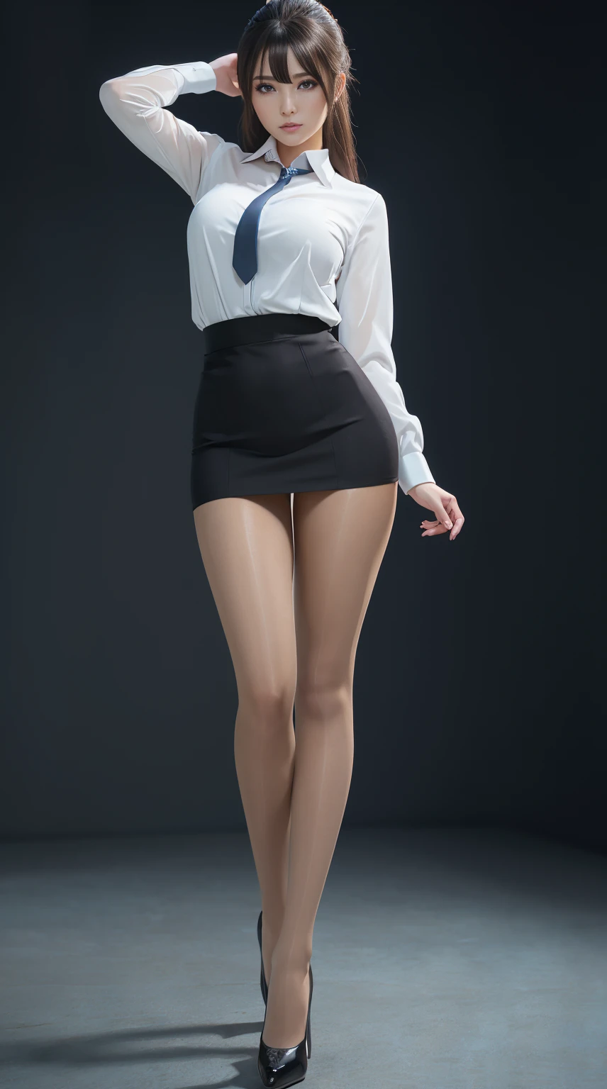 Elegant upper class elite secretary wearing business shirt, at park, Wear pantyhose、Wear high-end high heels、 Girl in shirt,, merchant, Wear a tight shirt and a tight miniskirt, Young woman in tight shirt, Original full body photo, (8K、top-quality、tmasterpiece:1.2)、(intricately details:1.4)、(真实感:1.4)、octane renderings、Complex 3D rendering hyper-detail, Studio soft light, Edge lights, vibrant detail, super detailing, realistic skin textures, Detail making, beautidful eyes, Very detailed CG Unity 16k wallpaper, Makeup - Makeup, (detailedbackground:1.2), Bare thigh heel!!!,Huge, rounded chest，messy  hair，fully body photo，（hands raised overhead:1.5）