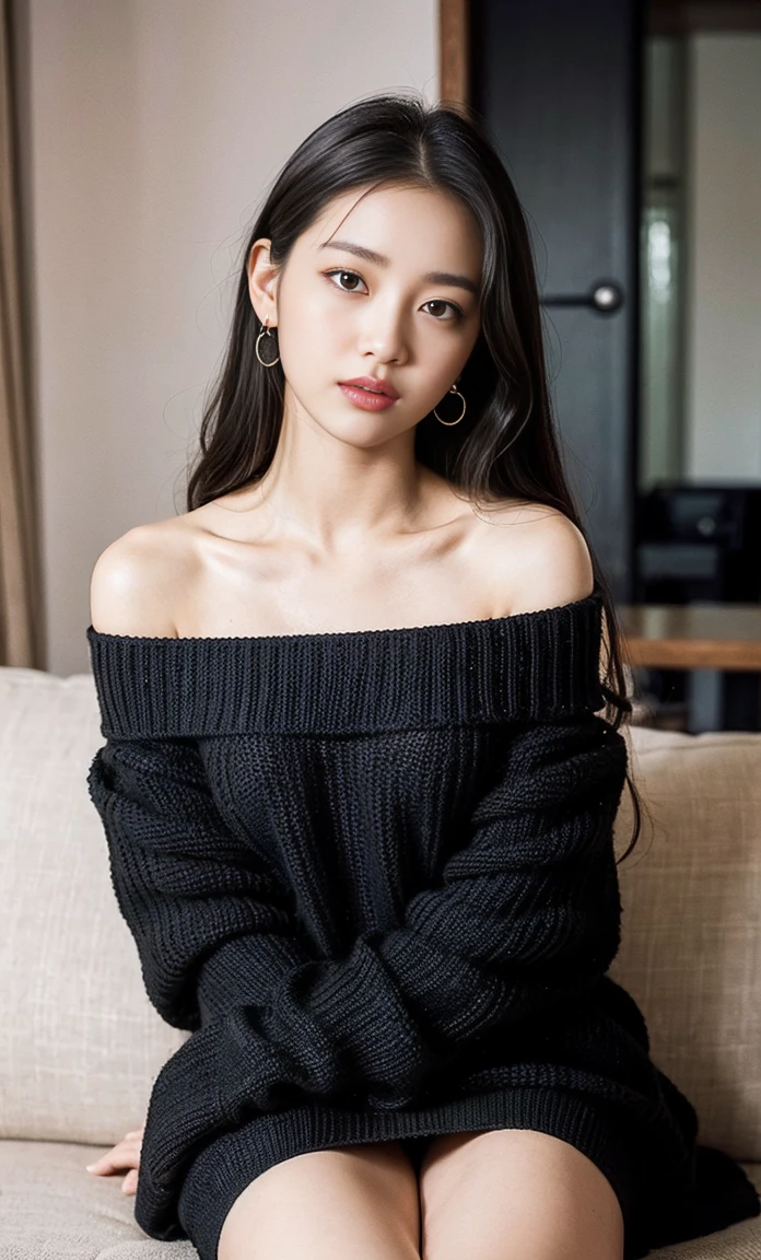 ulzzang -6500-v1.1, (Raw foto:1.2), (Photorealsitic:1.4), a beautiful detailed girl, extremely detailed eye and face, beatiful detailed eyes, Ridiculous, unbelievable Ridiculous, huge filesize, ultra-detailliert, hight resolution, ighly detailed, top-quality, masterpiece, Kemomimi, ((Black off-shoulder knit mini dress)), illustratio, ighly detailed, nffsw, unification, 8k wallpaper, astonishing, finely detail, masterpiece, top-quality, Highly detailed ticker uniform 8K wallpaper, face lights、Cinematographic lighting、1girl in、sixteen years old、(witheout panties)、((dynamicposes)))、(camel's toe)、(half)、、(Crooked knees and legs sitting))