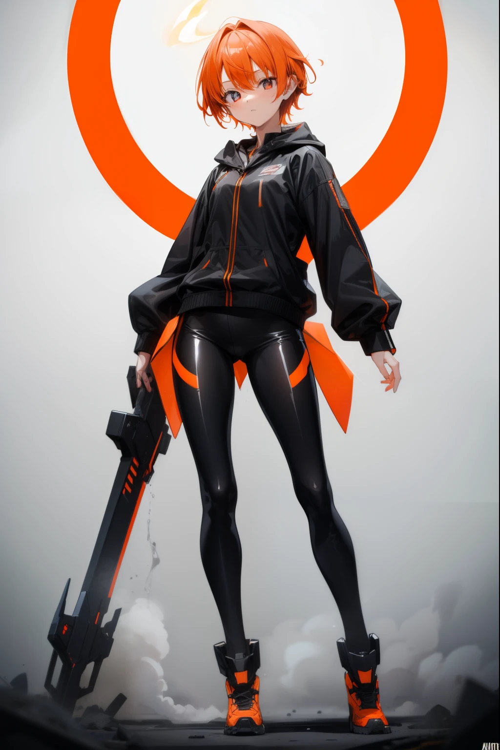 cute girl, short orange hair, Light white smoke comes out of her hair. her eyes are red, black clothes , full body, adult girl