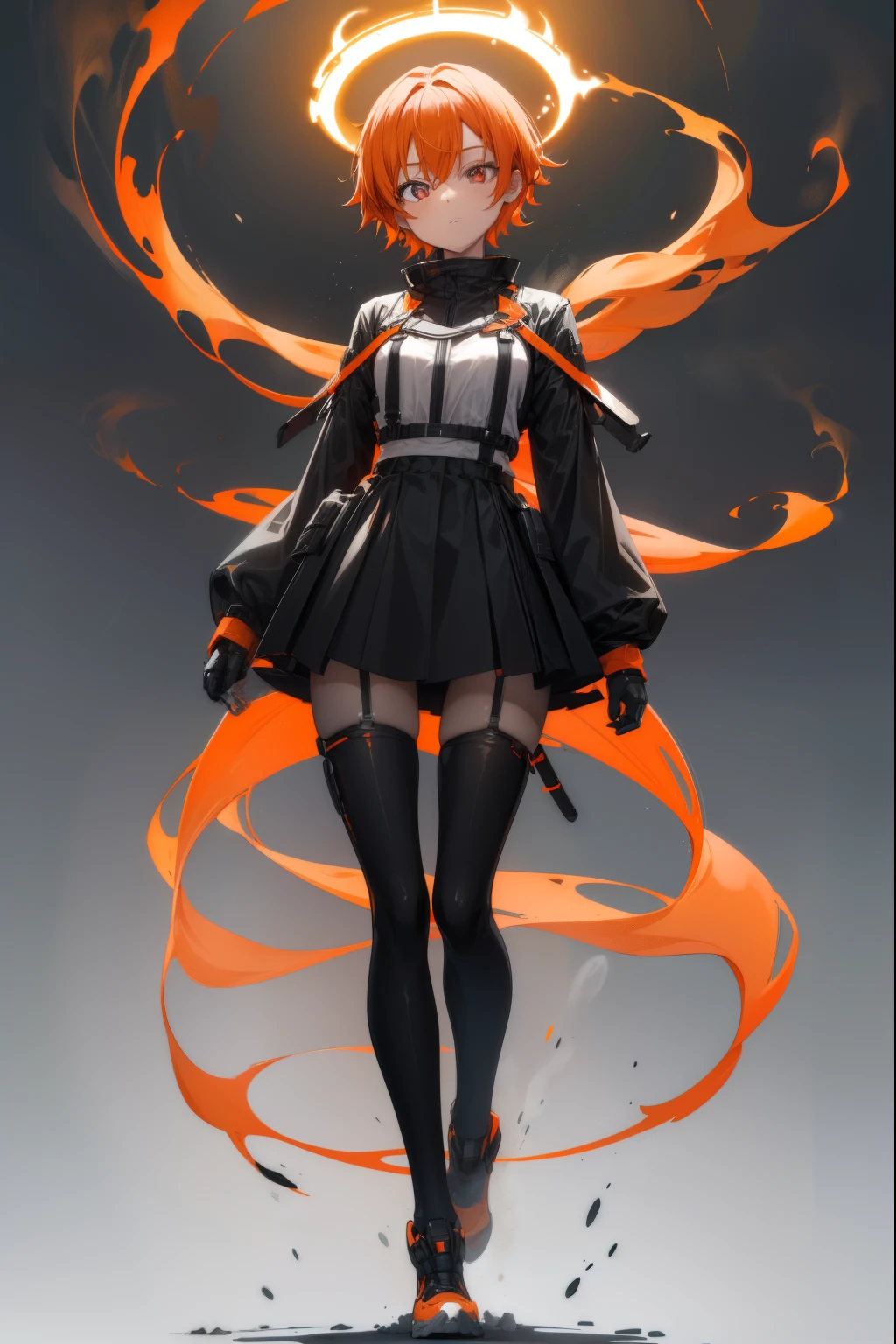 cute girl, short orange hair, Light white smoke comes out of her hair. her eyes are red, black clothes , full body, adult girl