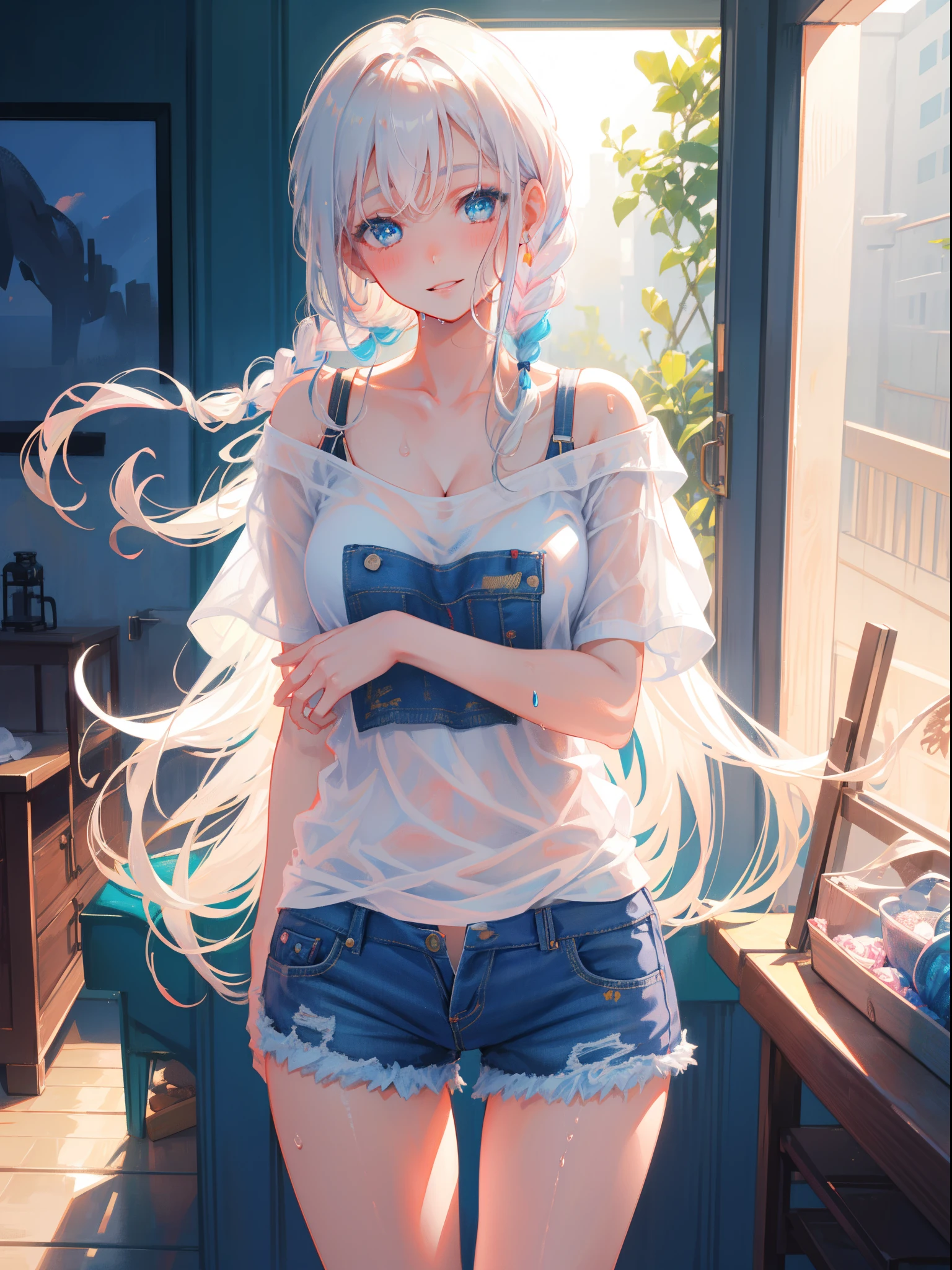realistic, 1girl, Hair braids, parted lips, blush, makeup, slim, perfect body, light smile, white hair, denim shorts, t-shirt , bedroom background , wet clothes, glow, thighs, blue eye, bare shoulders, collarbone, narrow waist, sunbeam, sunlight, rose, wind, cleavage, (masterpiece), sweat,