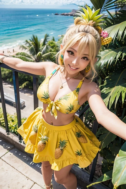 trendy gyaru wearing a vibrant pineapple-themed outfit, including a yellow crop top with green leaves, a flowy skirt with pineapple print, and pineapple-shaped accessories, posing confidently with a bright smile against a backdrop of tropical vibes. (((View from above))),