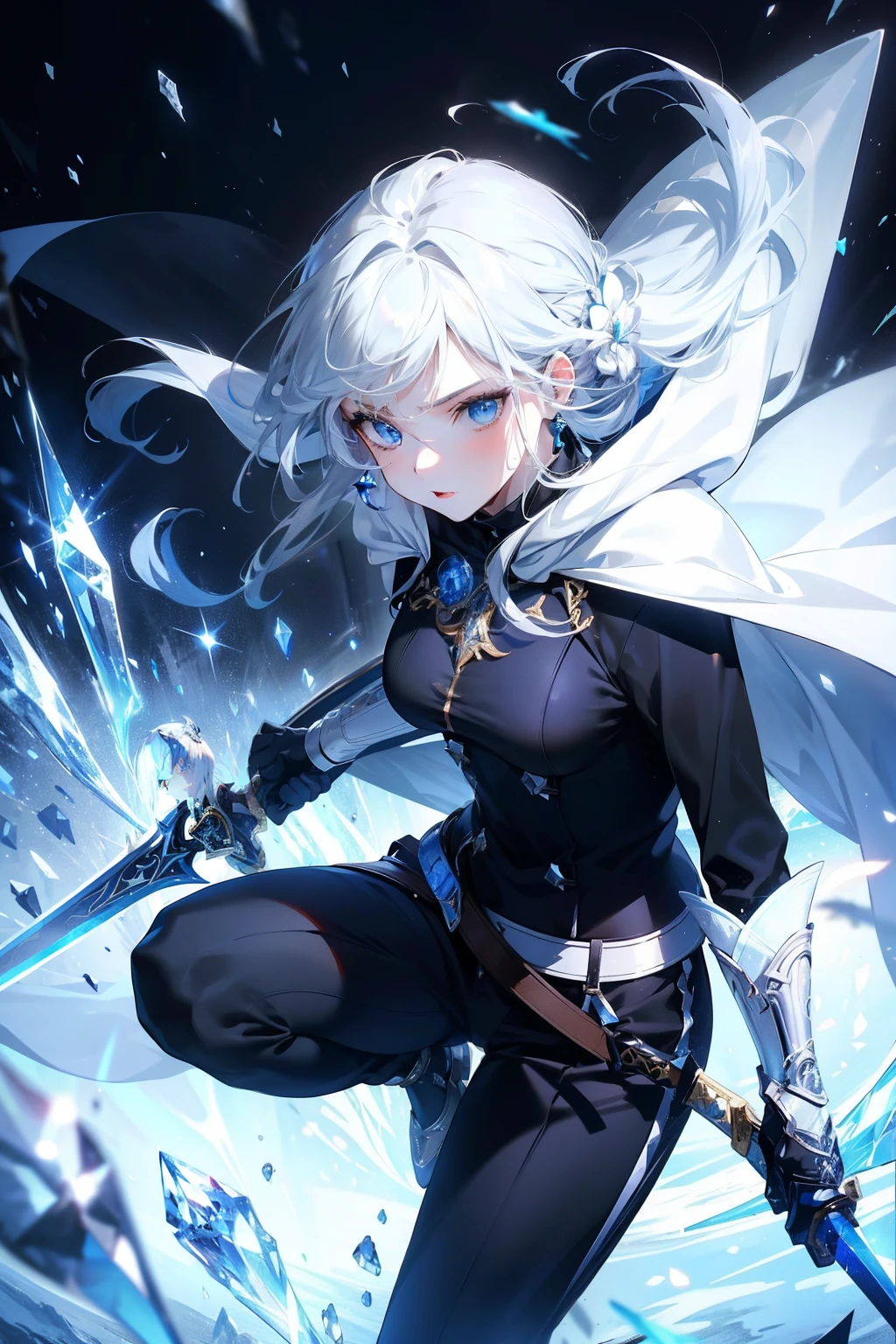(best quality, high resolution), ultra-detailed, woman, young, 19 years old, swordsman, long white hair, snow-white skin, cold eyes, crystal blue eyes, black uniform with black pants, black clothing, white cape with hood. Crystal loga sword, shiny, (ultra-detailed sword, high resolution, best quality). Earring, crystal bottom.