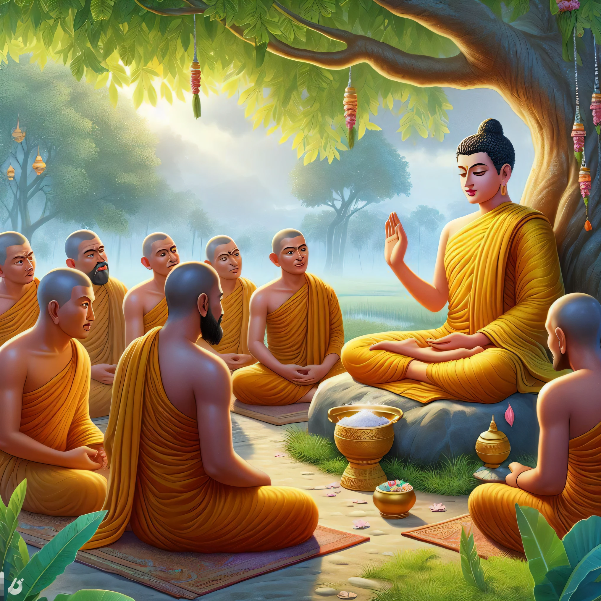 a group of monks sitting in a circle under a tree, buddhism, buddhist, hindu stages of meditation, on path to enlightenment, on the path to enlightenment, monk meditate, the buddha, buddhist monk meditating, buddhist art, spiritual enlightenment, monks, samsara, enlightenment, meditation, buddha, karma sutra, kuntilanak on bayan tree, beautiful image