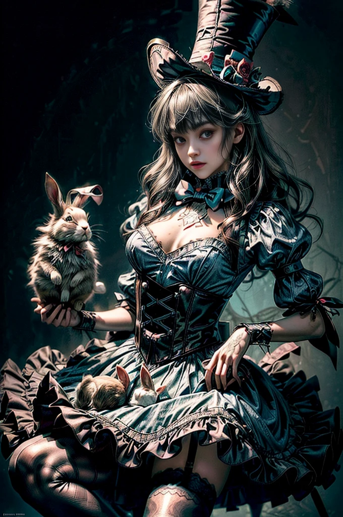 (((A woman wearing a top hat and holding a rabbit to her chest))), kne、cowboy  shot、Official Art、Unity8k wallpapers、ultra-detailliert、Beautifully Aesthetic、​masterpiece、top-quality、A detailed eye、Red eyes、(((Smaller chest)))、cowboy  shot、above knee、Vania Zuravlyov, floralpunk elysian maiden, (((Alice in Wonderland in Gothic Lolita Fashion))),Hajime Sorayama Aaron Hokey, Alice in Wonderland Cyberpunk, portrait of alice in wonderland, Jean-Sebastian Rosbach, baroque visual kei decora art, inspired by Tsukioka Yoshitoshi、(((No background))),