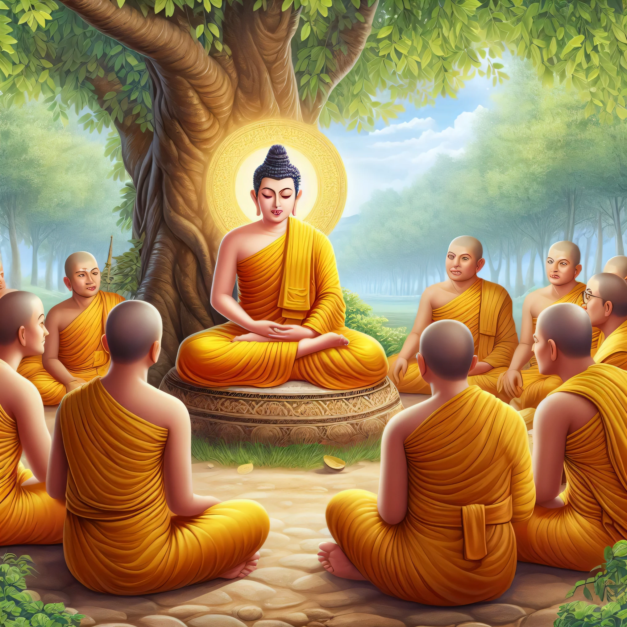 a group of monks sitting in meditation under a tree, buddhism, on path to enlightenment, on the path to enlightenment, hindu stages of meditation, buddhist, the buddha, samsara, monk meditate, spiritual enlightenment, buddhist art, buddhist monk meditating, karma sutra, monks, yellow robes, meditation, enlightenment, monk clothes, kuntilanak on bayan tree