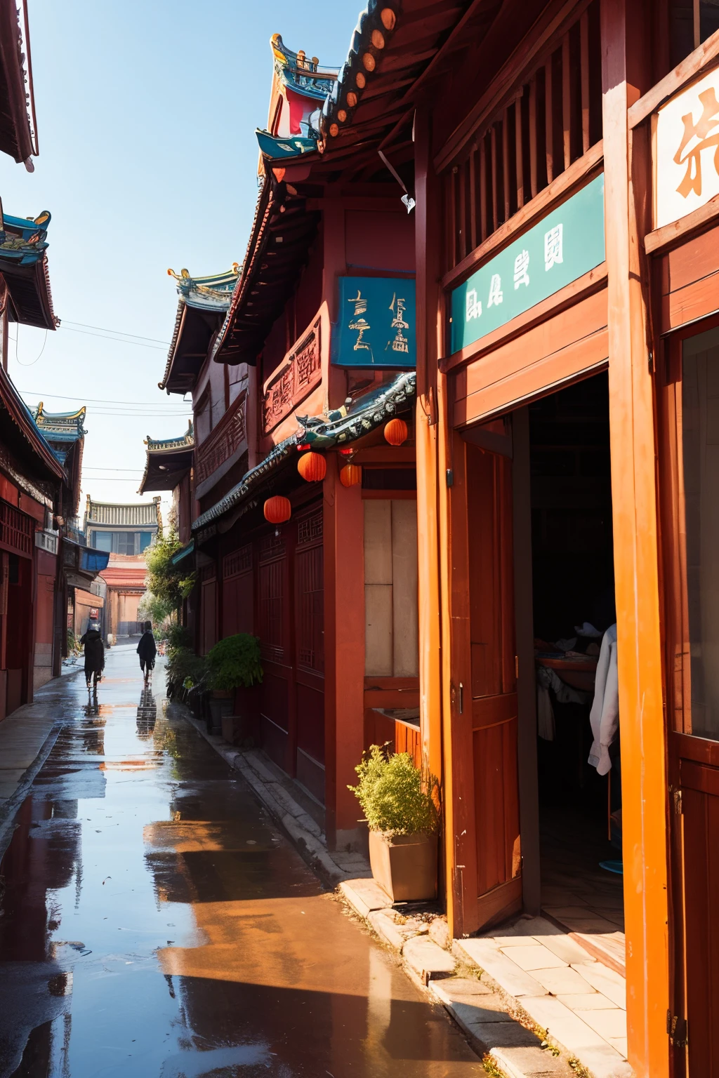 A street scene in a small Chinese town，Chinese style building two floors，alleys，Sleeping cat，The sky clears after the rain，potted，High quality，hyper-high detail，16:9 picture ratio