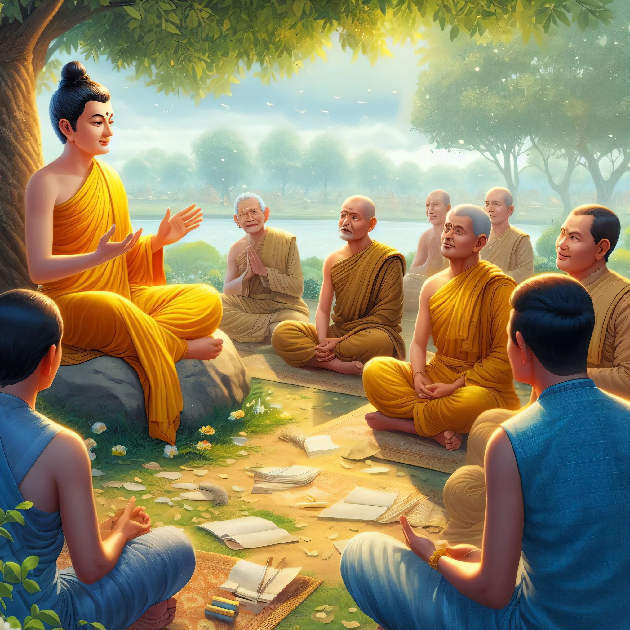 a group of monks sitting in a circle around a tree, buddhism, on path to enlightenment, on the path to enlightenment, buddhist, hindu stages of meditation, monk meditate, spiritual enlightenment, enlightenment, love of wisdom, buddhist monk meditating, karma sutra, enlightenment. intricate, stoic and calm, the buddha, wearing brown robes, buddhist art, meditation