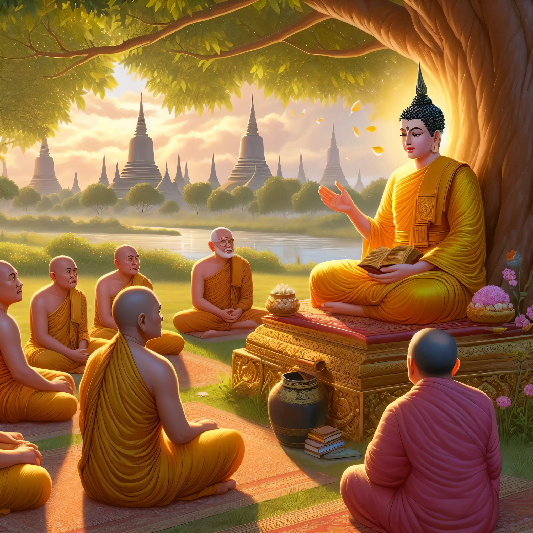 buddhas sitting in meditation under a tree in a park, buddhism, buddhist, hindu stages of meditation, on the path to enlightenment, on path to enlightenment, the buddha, buddhist monk meditating, buddhist art, the bodhi tree at sunset, monk meditate, spiritual enlightenment, samsara, temple background, enlightenment, beautiful depiction, kuntilanak on bayan tree