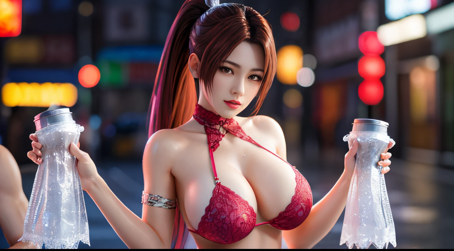 Long shots，（Solo exhibition：0.5），Maihakunai，Thin to transparent，Wet pubic hair，Perspectiveal，（（cropped shoulders））），bikini lace fabric，，（（（Soak the body））），jewely，Have on the street，A pink-haired，tmasterpiece，Best quality at best，The is very detailed，3D，Cinema-4D，8k，realisticlying，（（（Attractive feminine body））），（gigantic cleavage breasts：1.5），facing at camera，redish pink lips，Finger details，Delicate fingers and hands，