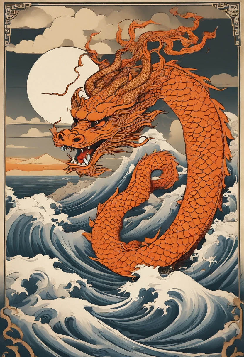 This ukiyo-e style poster design features an orange ocean, Orange Chinese dragon in ink painting, and a combination of dragons, As a water god, Dragon King, Living in the North Sea, Control thunderstorms at sea,Soaring in the sea of clouds,an ancient Chinese god, turtle, drank, The large, Stony, Super sharp,Realistic details,Auspicious clouds, depth of fields, Divine Thunder, fantasy coloring, romanticism lain, artistic décor, 电影灯光, depth of fields, spark of light, god light, ray traycing, ultra-wide-angle, first person perspective, wide wide shot, hyper HD, high high quality, high detal, ctextured skin, Best quality