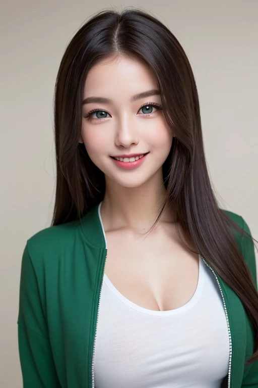 ((open-mouth smile)),a beauti,Close-up of chest,eBlue eyes,long whitr hair,Round neck white T-shirt,Green jacket,fundo vermelho((Best quality at best)), ((tmasterpiece)), (Detailed pubic hair), s the perfect face