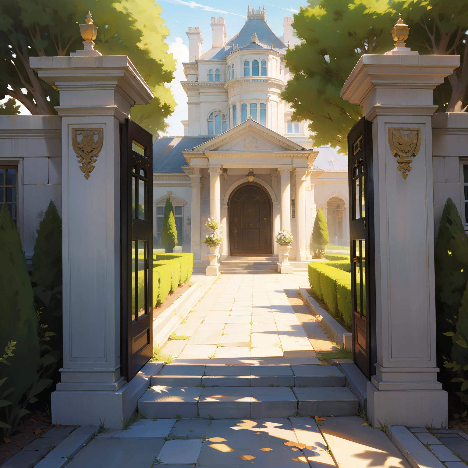 mansion, gate, bushes, rich, white, gold