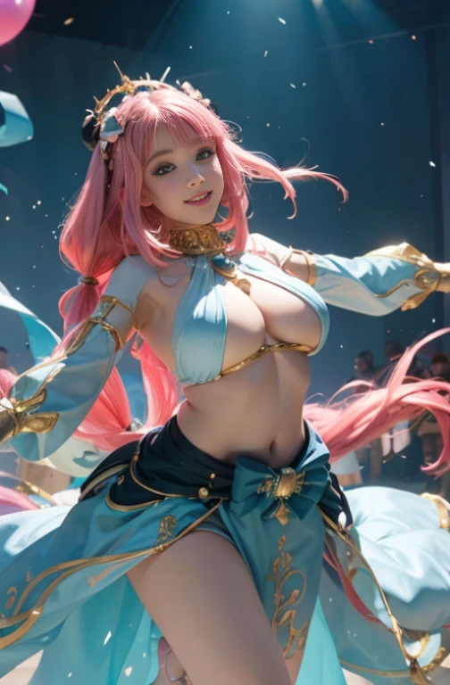 1 Girl solo, Outfits for pink hair, super gigantic boobs，Colossal tits，Cyan eyes, Blue and white flowing clothes, Bareleged，golden accessories, dances, dance，Sunnyday, follow the stream，iridescent light, The smile is bright，having fun