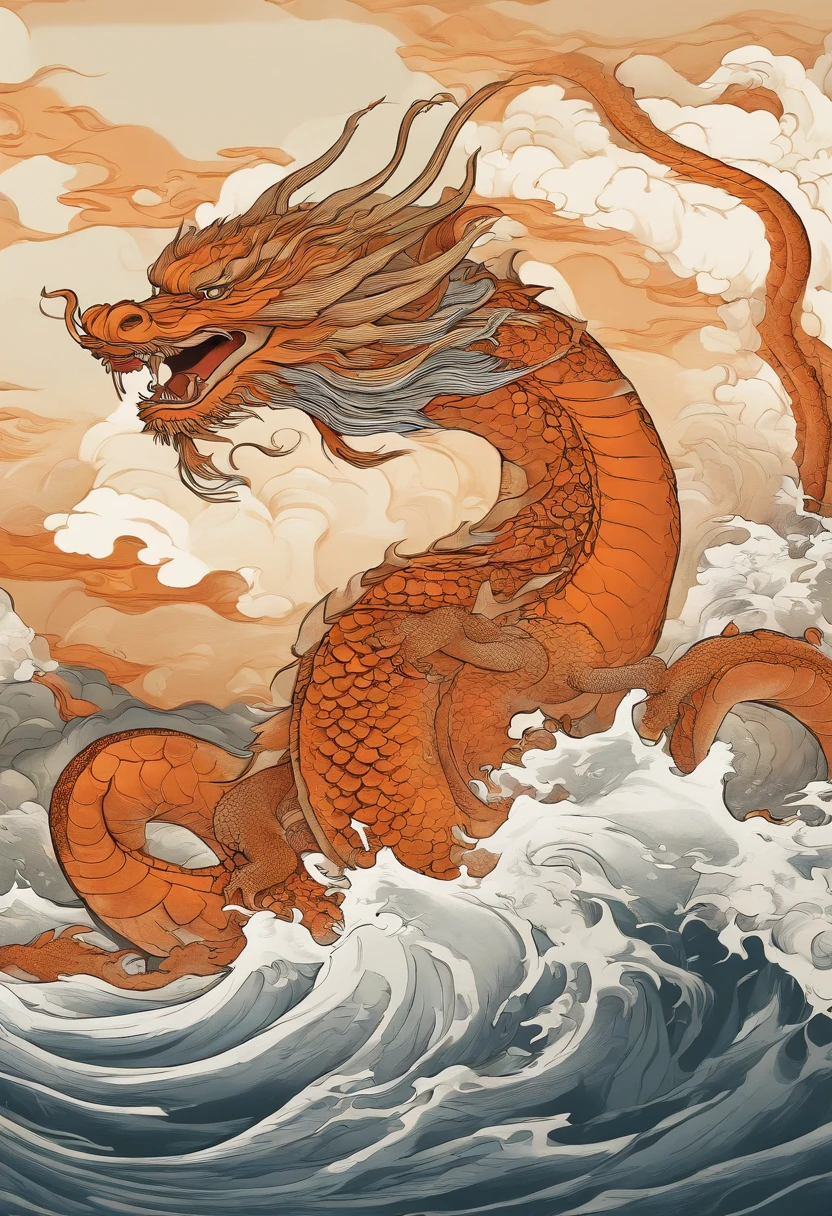 This ukiyo-e style poster design features an orange ocean, Orange Chinese dragon in ink painting, and dragon combination, As a water god, Dragon King, Living in the North Sea, Control thunderstorms at sea,Soaring in the sea of clouds,an ancient Chinese god, turtle, drank, bigger, Stony, Super sharp,Realistic details,Auspicious clouds, depth of fields, Divine Thunder, fantasy coloring, romanticism lain, artistic décor, 电影灯光, depth of fields, spark of light, god light, Ray traching, ultra-wide-angle, first person perspective, wide wide shot, hyper HD, high high quality, high detal, ctextured skin, Best quality at best