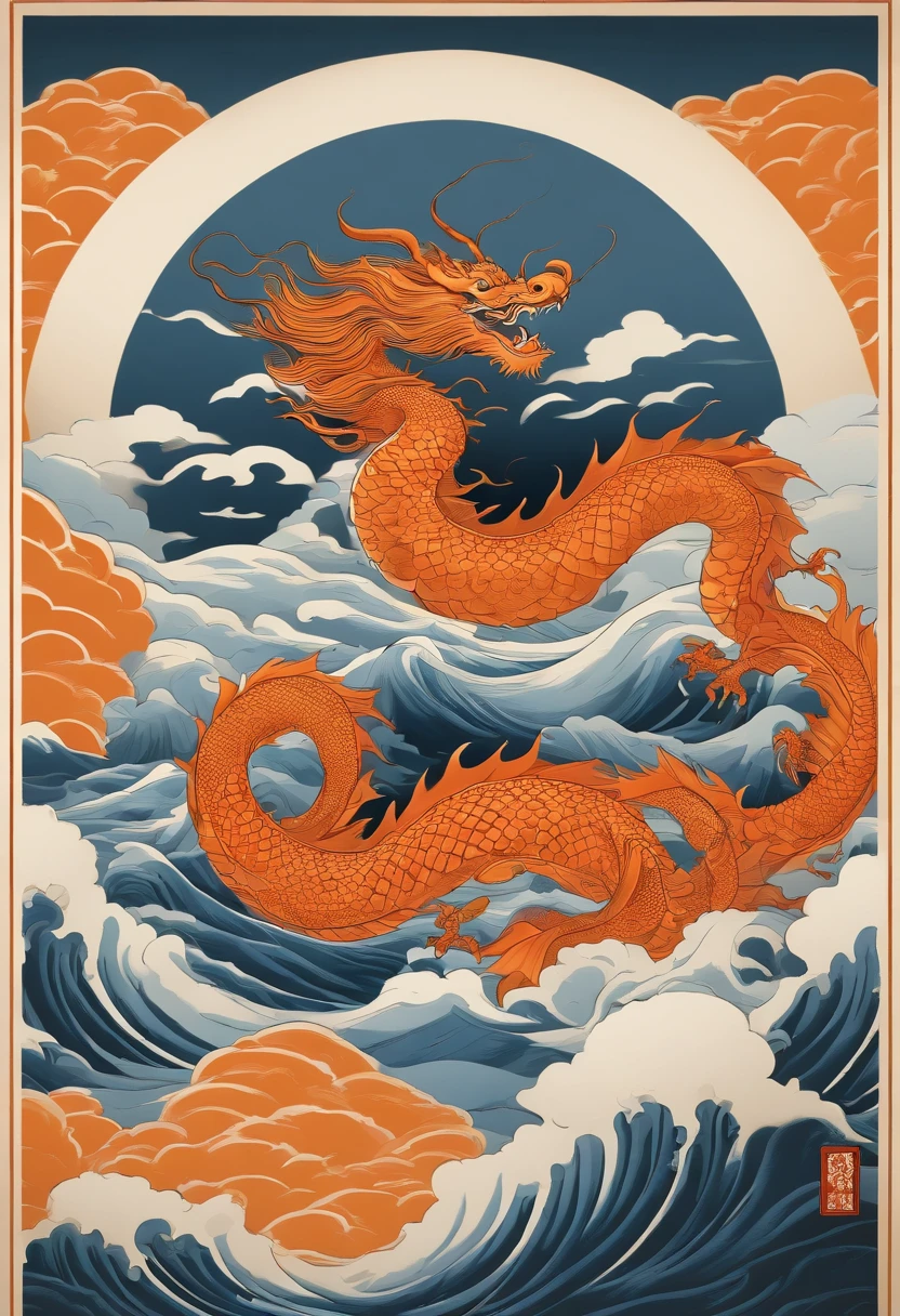 This ukiyo-e style poster design features an orange ocean, Orange Chinese dragon in ink painting, and dragon combination, As a water god, Dragon King, Living in the North Sea, Control thunderstorms at sea,Soaring in the sea of clouds,an ancient Chinese god, turtle, drank, bigger, Stony, Super sharp,Realistic details,Auspicious clouds, depth of fields, Divine Thunder, fantasy coloring, romanticism lain, artistic décor, 电影灯光, depth of fields, spark of light, god light, Ray traching, ultra-wide-angle, first person perspective, wide wide shot, hyper HD, high high quality, high detal, ctextured skin, Best quality at best