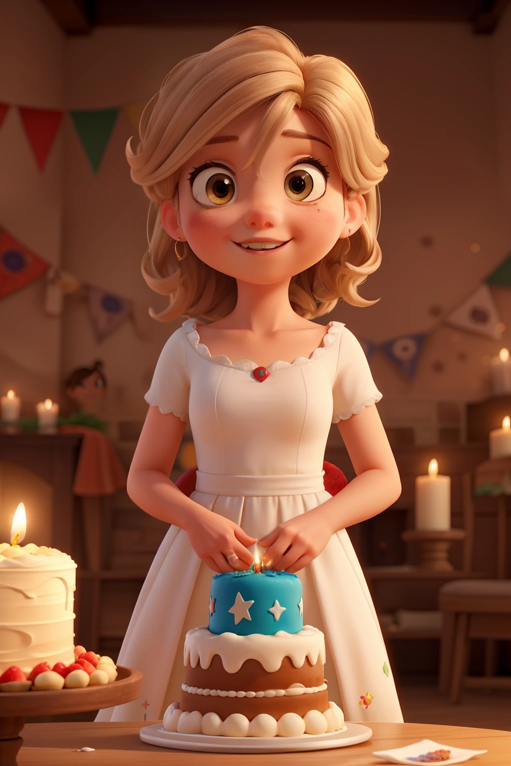Generates a girl dressed in a white Mexican dress, blonde brown hair and light brown eyes, pixar style blowing out an 8 year old candle with a three tier cake in chiara's name on a table, con los colores de la bandera mexicana, at a party decorated in Mexican style with children in the background playing and having fun in an Italian town.