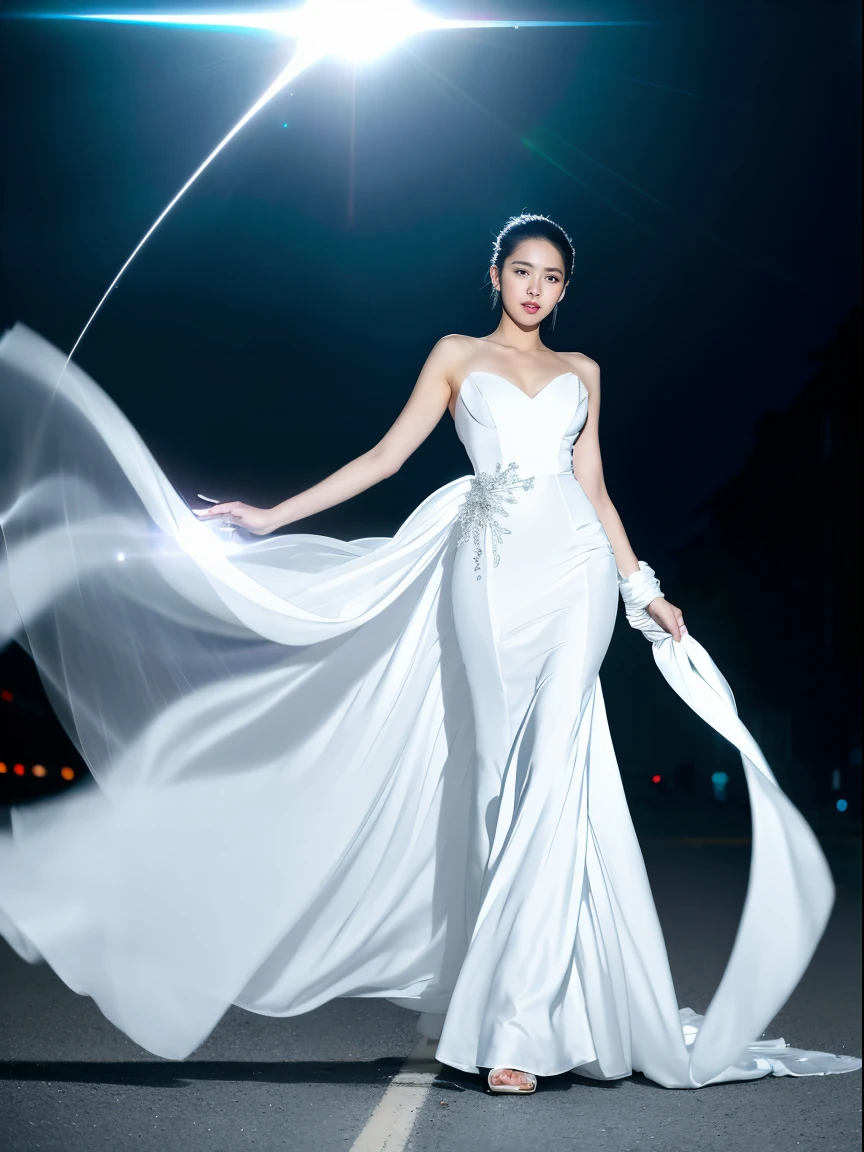 woman in a white dress walking down a street at night, wearing an evening gown, white flowing gown, (full body: 1.3), shot on anamorphic lens, (luxury advertising photography: 1.2), motion blur, (graflex speed graphic: 1.4), lens flare, high-end fashion photoshoot, editorial fashion photography