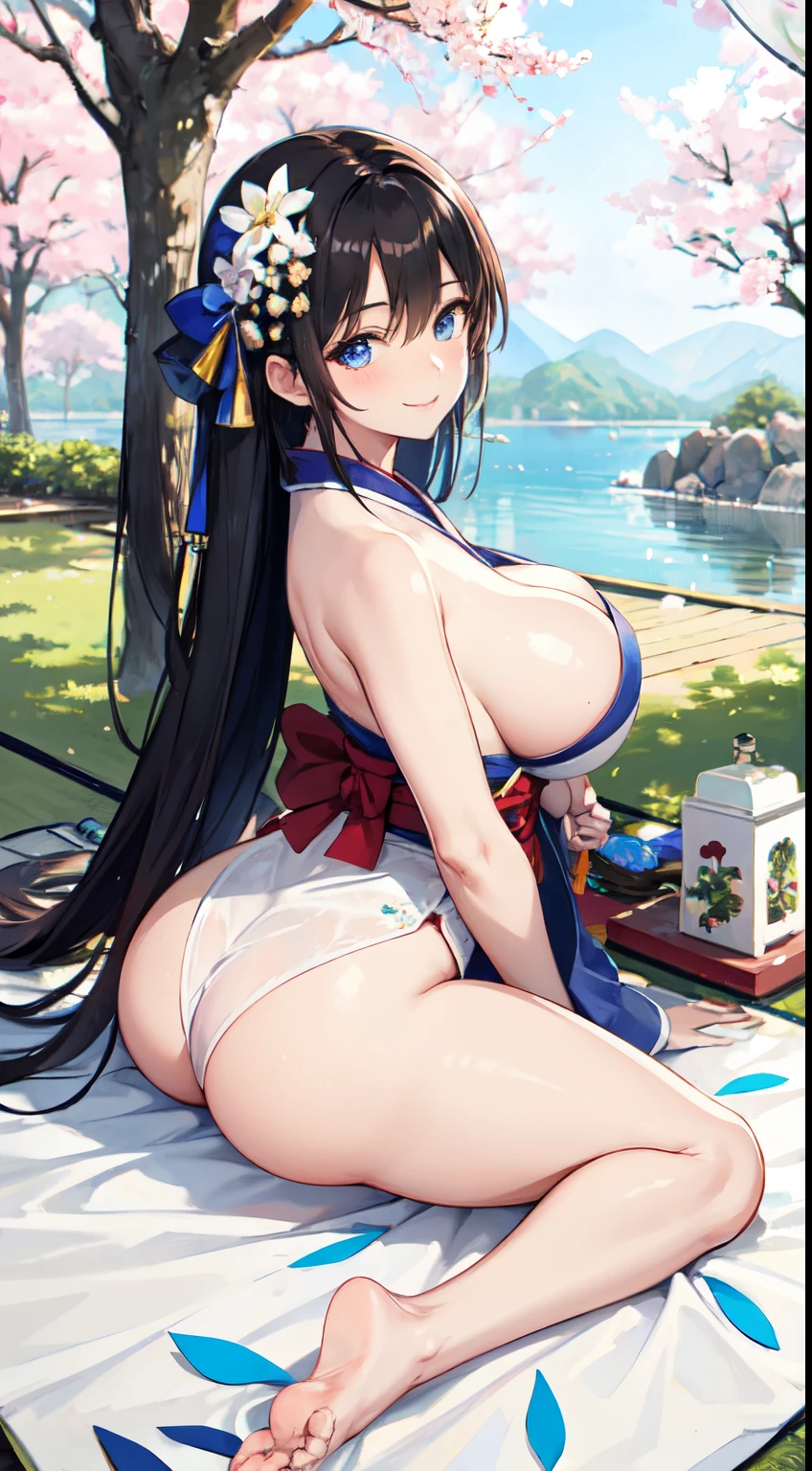 Blue shiny eyes , smile , big bare tits , HD , dark long hair , mature woman , looking to viewer , sakura trees in bacground , spring , picnic carpet, ( beatiful japanese white kimono) bending over , doggy style , showing her beatiful ass , sexy feet