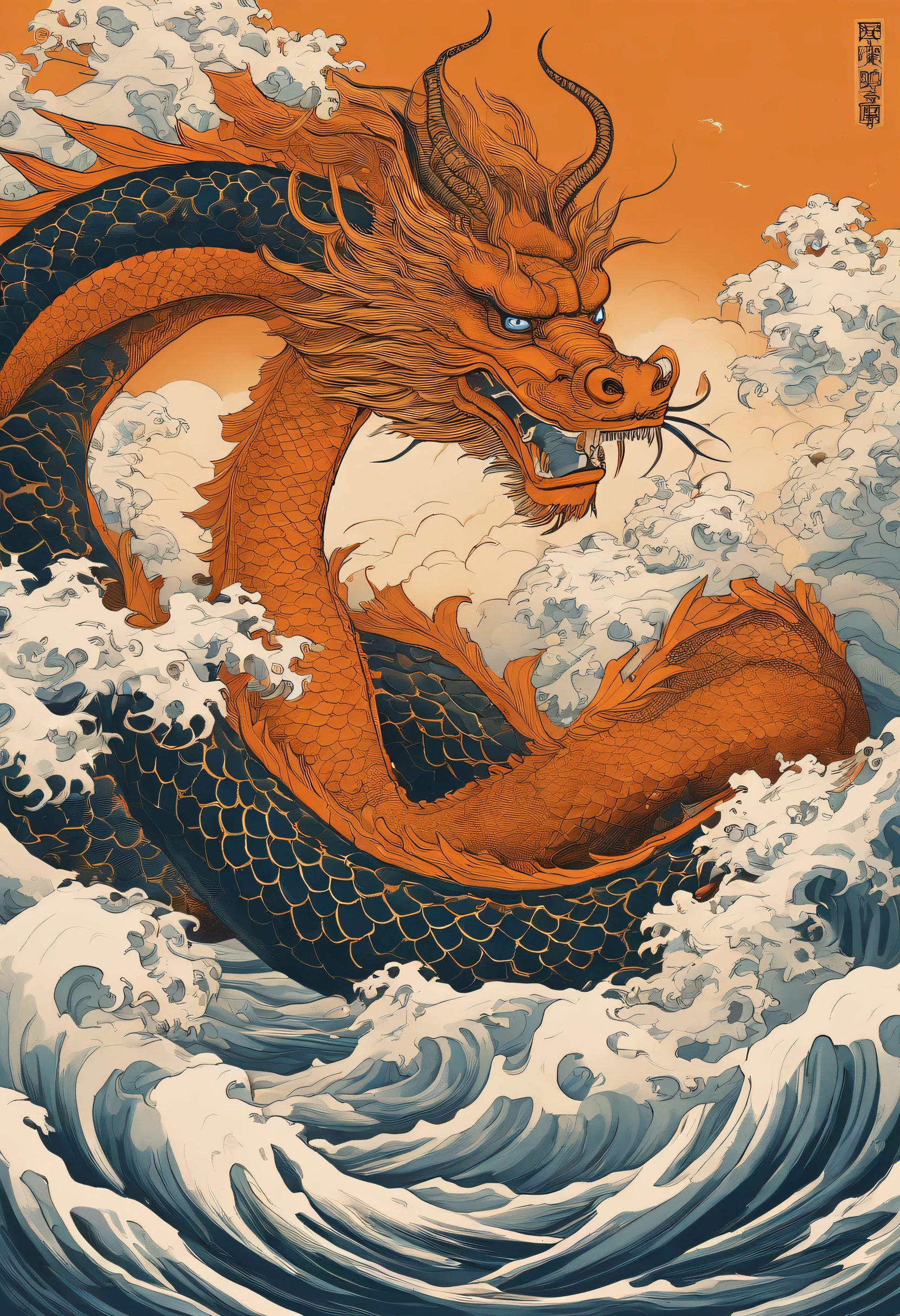This ukiyo-e style poster design features an orange ocean, Orange Chinese dragon in ink painting, and dragon combination, As a water god, Dragon King, Living in the North Sea, Control thunderstorms at sea,Soaring in the sea of clouds,an ancient Chinese god, turtle, drank, bigger, Stony, Super sharp,Realistic details,Auspicious clouds, depth of fields, Divine Thunder, fantasy coloring, romanticism lain, artistic décor, 电影灯光, depth of fields, spark of light, god light, Ray traching, ultra-wide-angle, first person perspective, wide wide shot, hyper HD, high high quality, high detal, ctextured skin, Best quality at best